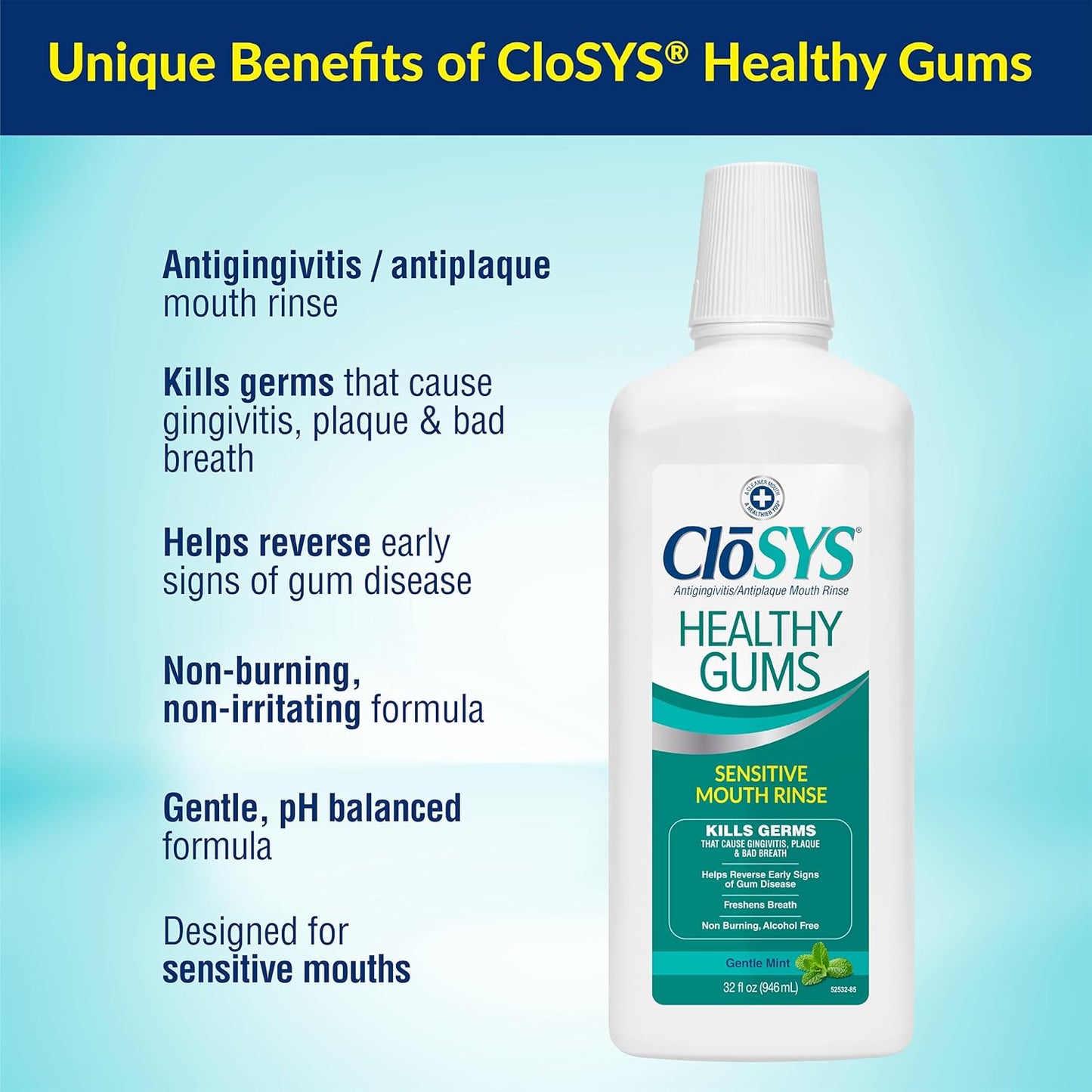 Closys Healthy Gums Mouthwash, Antiplaque and Anti-gingivitis for Gum Health, Non-Burning, Non-Irritating – 32 Fl Oz