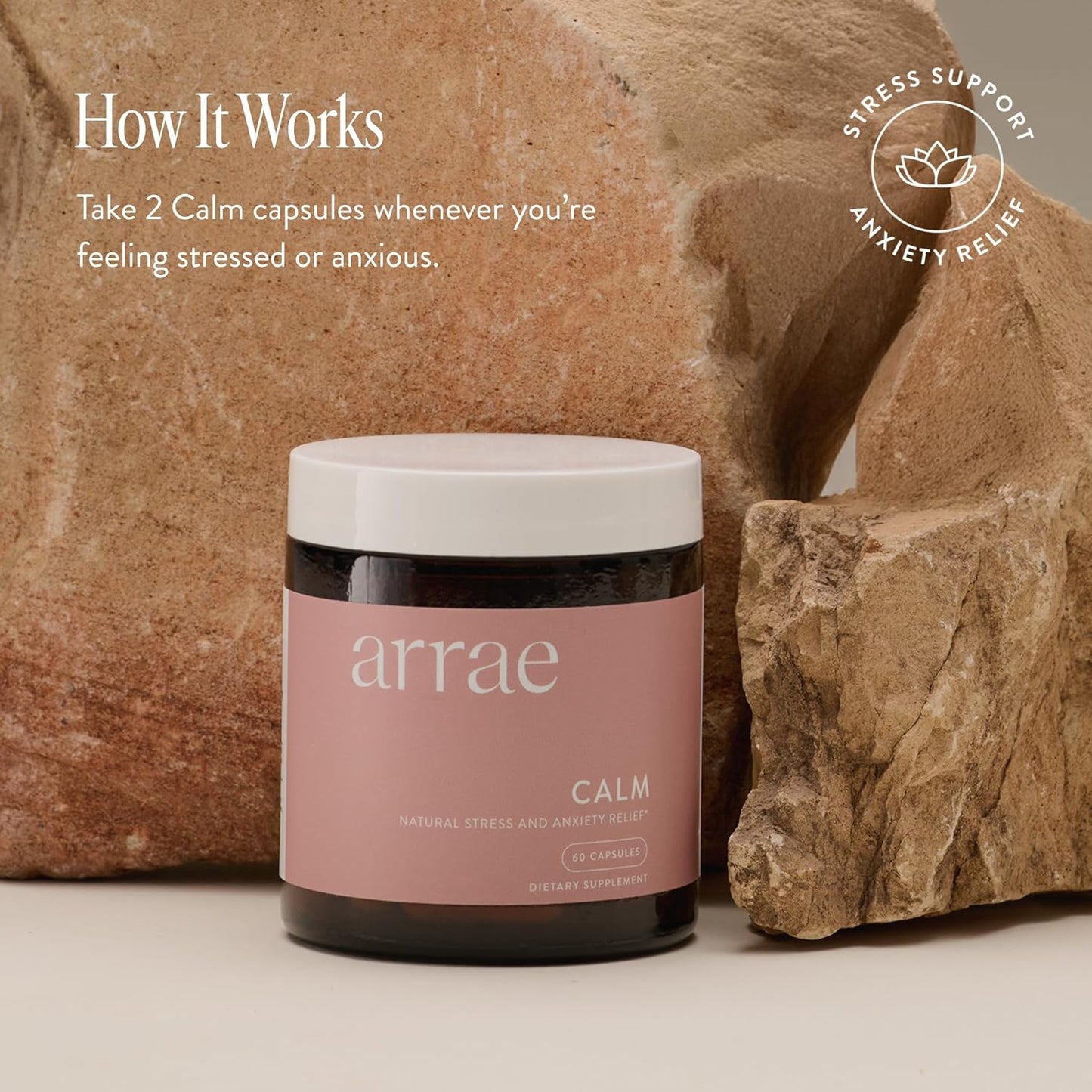 Arrae Calm Cortisol Manager - 60 Stress & Panic Relief Capsules - Mood Support Supplement w/L-Theanine, Inositol, Passionflower, & Magnesium to Help You Feel Zen