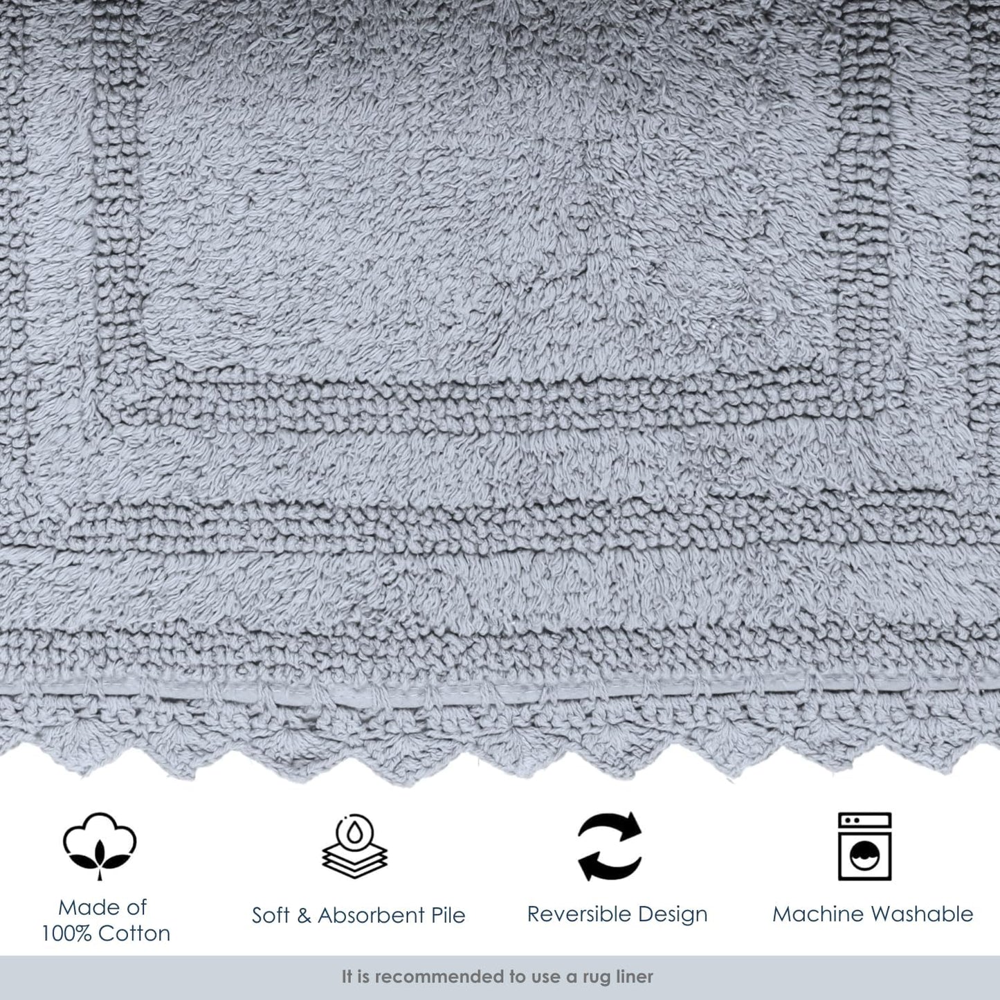 RAJRANG Bathroom Rug for Kitchen and Spa with Crochet Pattern Cotton Absorbent Soft Reversible Bath Mat Light Grey Square 24 Inches