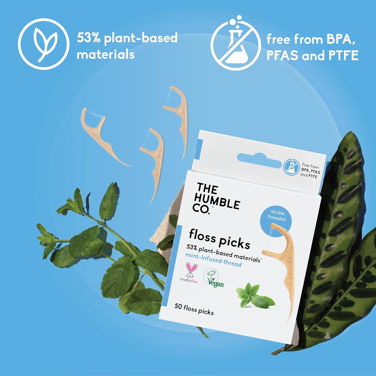 The Humble Co. Floss Picks (200 Count) – Plant Based Dental Floss Picks for Superior Oral Care, Dental Hygiene, and Gum Health, Cruelty Free Tooth Floss Picks (Mint, Double Thread)