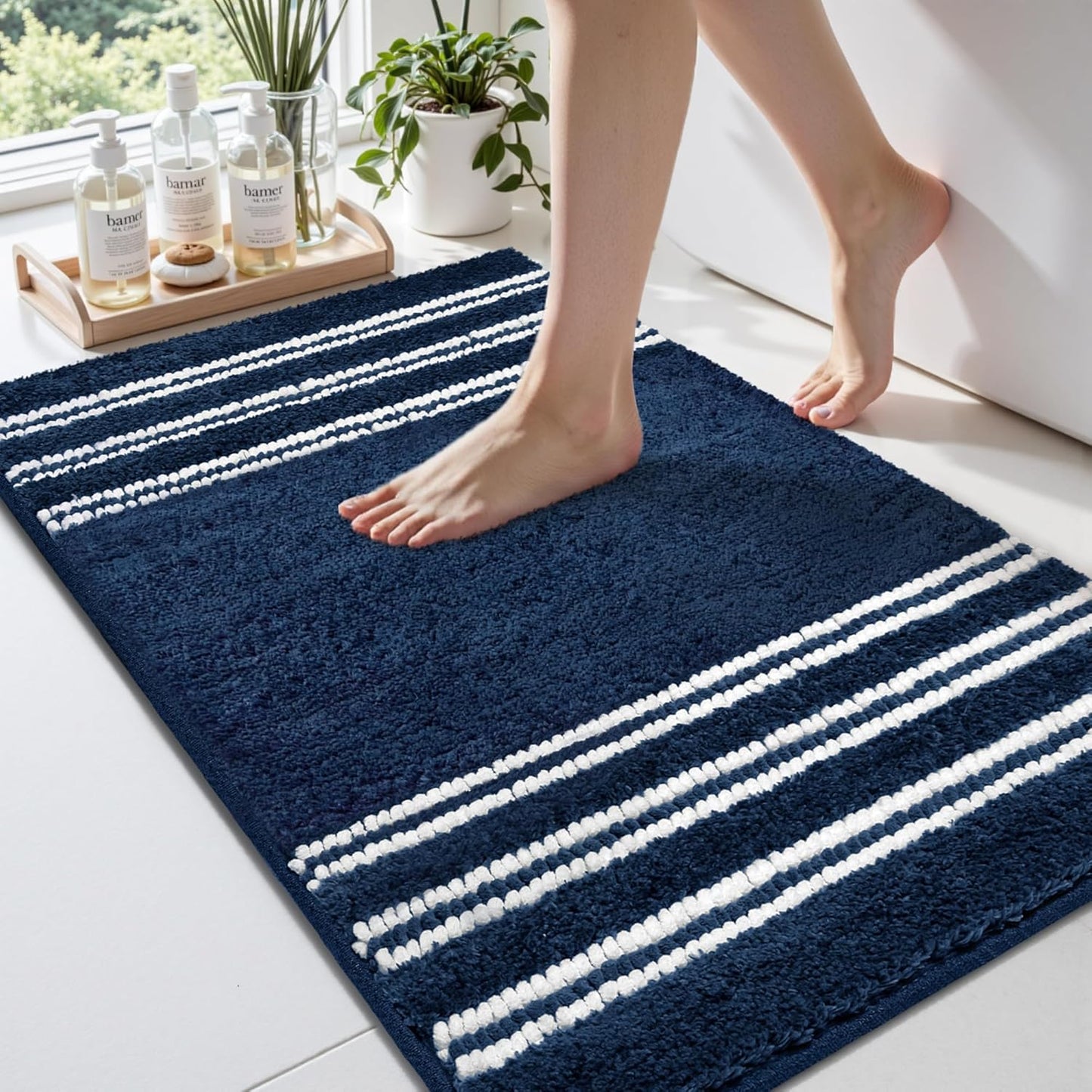 Bathroom Rugs 20x32 Extra Soft Absorbent Bath Mat Chenille Non Slip Shower Mat Rubber Backing Machine Washable Bath Mats for Bathroom Shaggy Blue Bath Rugs for Tub, Hallway