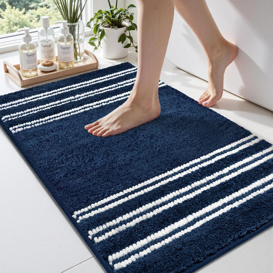 Bathroom Rugs 20x32 Extra Soft Absorbent Bath Mat Chenille Non Slip Shower Mat Rubber Backing Machine Washable Bath Mats for Bathroom Shaggy Blue Bath Rugs for Tub, Hallway