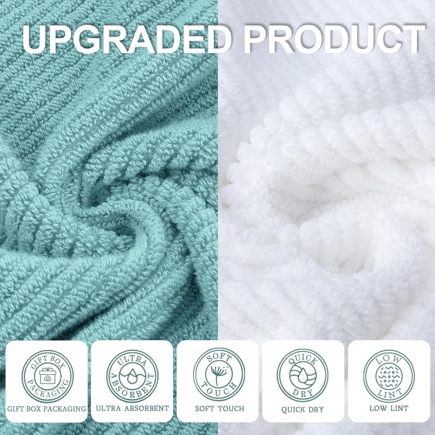 VOOVA & MOVAS Towels for Bathroom - 100% Cotton | Soft | Quick Dry | Thick, Towel Set of 6, 2 Large Bath 30"x56",2 Hand 18"x28", 2 Washcloths 13"x13", Bathroom Essentials, Aqua Teal and White