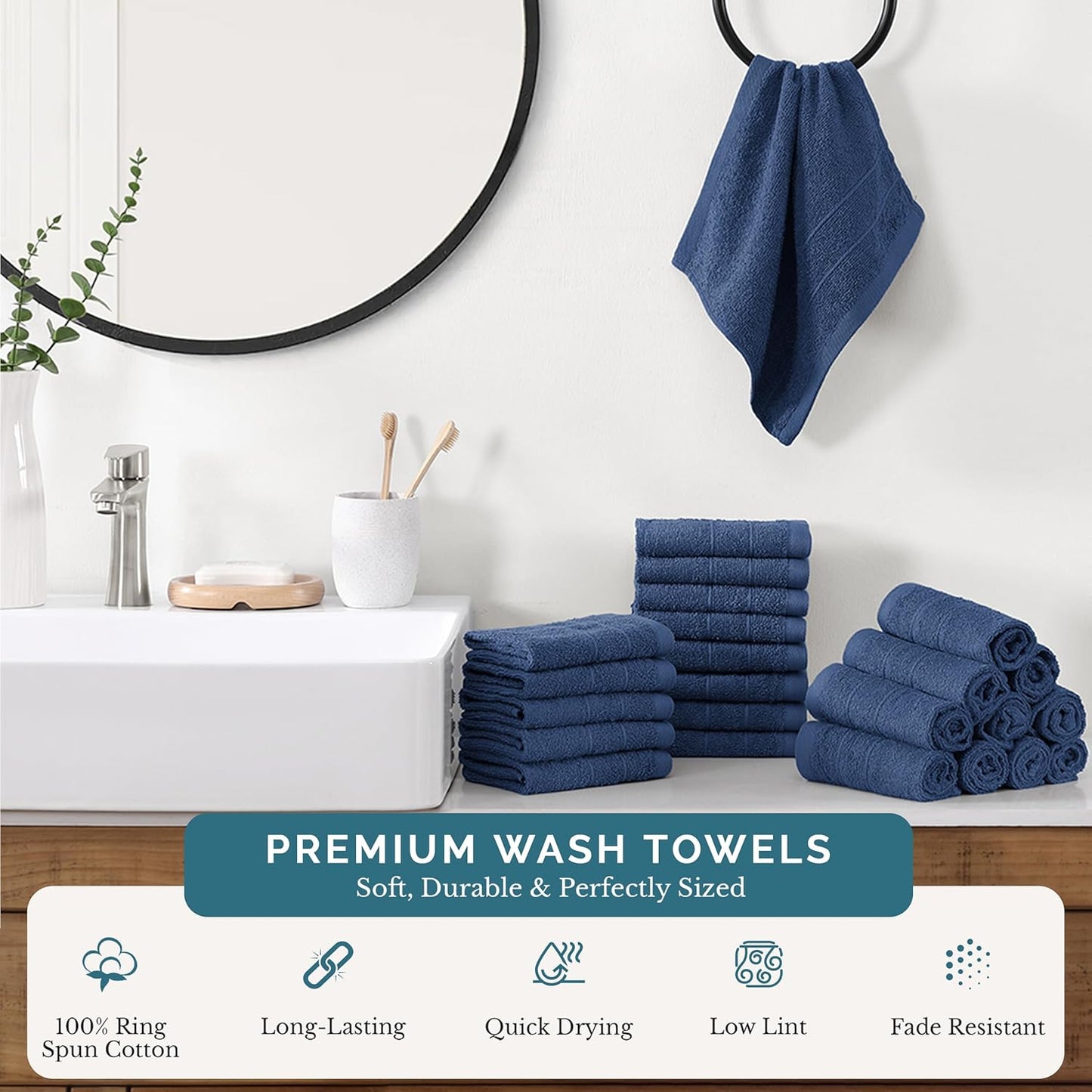 Casa Platino Washcloths Pack of 24 - Spa & Salon Quality - 100% Ring Spun Cotton Face Cloths - Soft & Ultra Absorbent Wash Cloth Set for Body, Beauty, Home, Gym - Fingertip Towels - 13"x13", Navy Blue