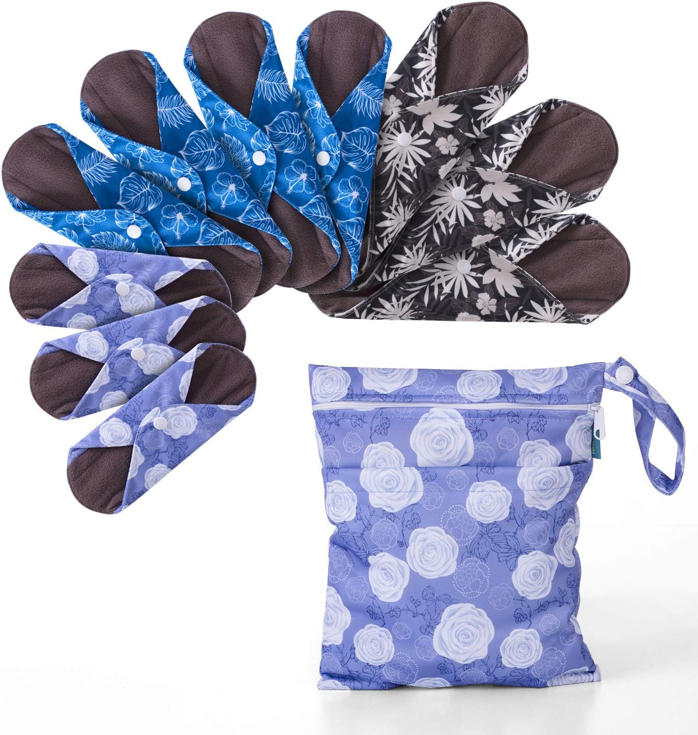 Teamoy 10pcs Cloth Panty Liners, Reusable Sanitary Pads with Wet Bag, Washable Cloth Menstrual Pads with Charcoal Absorbency Layers (Plant Styles, 3pcsx7.9 Purple+4pcsx10 Blue+3pcsx11.6 Brown)