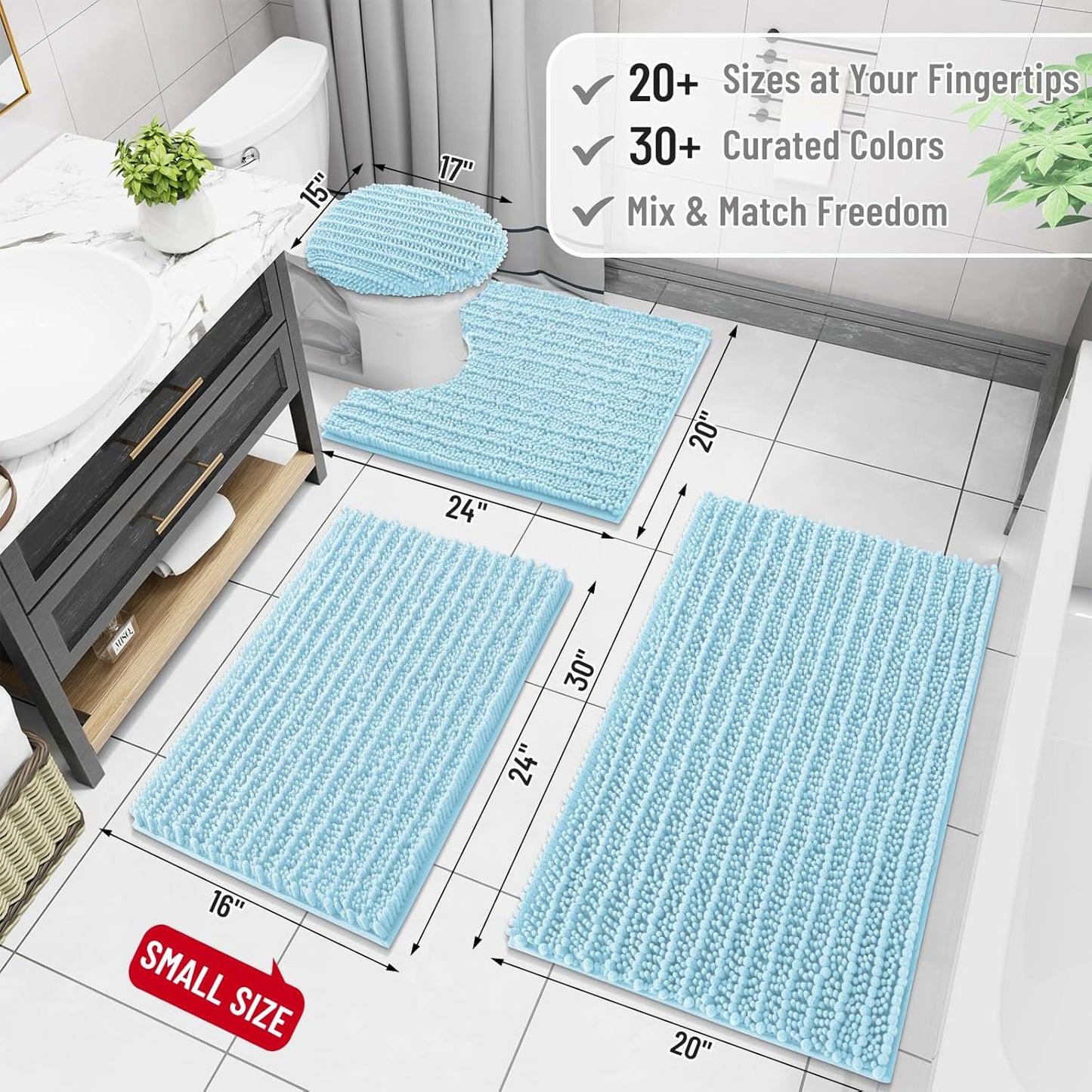 Arotive Luxury Chenille Bathroom Rug Mat, Extra Soft Thick Absorbent Shaggy Bath Rugs, Non-Slip Machine Wash Dry, Plush Bath Mats for Bathroom, Shower and Tub, 30x20, Blue