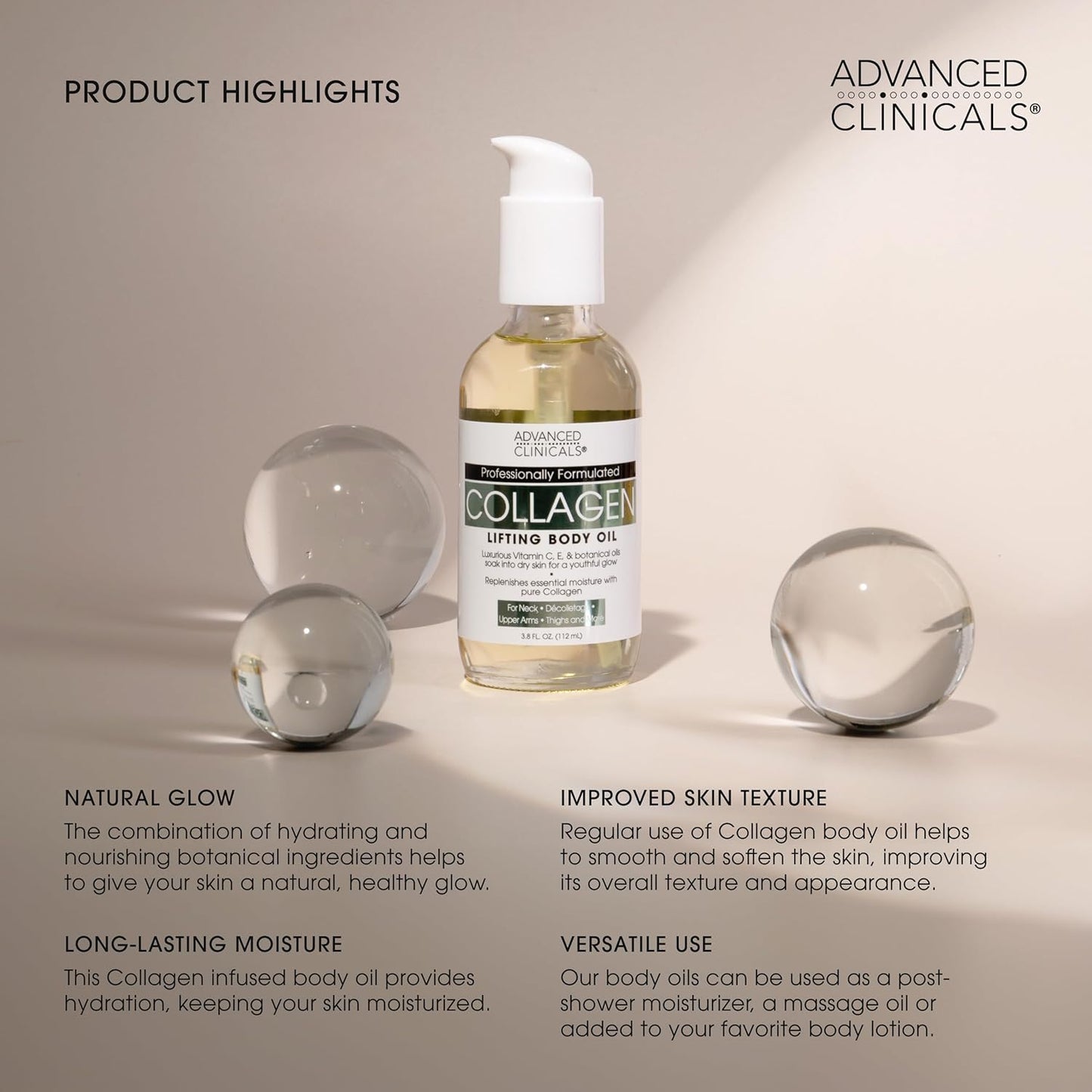 Advanced Clinicals Unscented Collagen Cream Face Moisturizer & Body Lotion + Collagen Body Oil Skincare 2pc Set For Women & Men Helps Reduce Appearance Of Crepey Skin, Wrinkles, & Dry Skin, 2PC Set