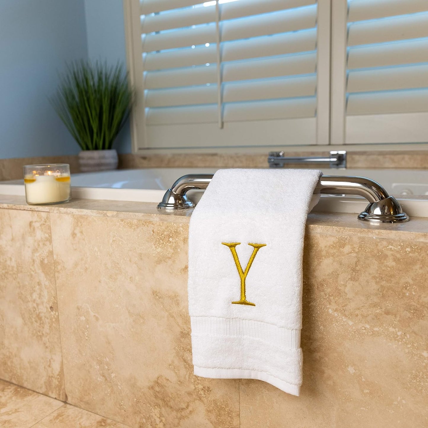 Monogrammed Hand Towels for Bathroom - Luxury Hotel Quality Personalized Initial Decorative Embroidered Bath Towel for Powder Room, Spa - GOTS Organic Certified - Set of 2 Gold Letter Y