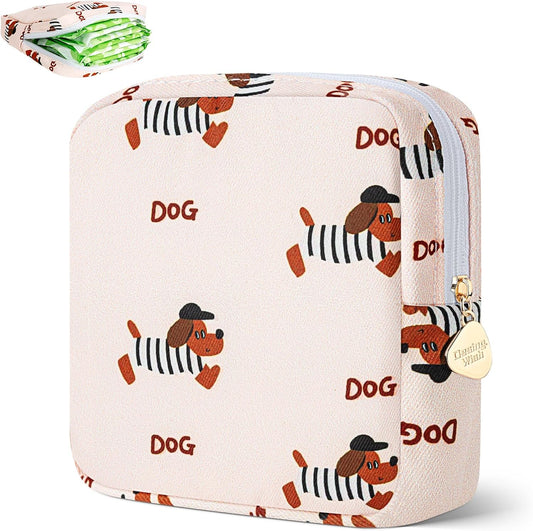 Desing Wish Period Bag Pouch Soft Cloth Sanitary Napkin Storage Bag Portable Menstrual Pad Pouches Tampon Holder for Purse First Period Kit for Girls 9-12 (Black Striped Dog)