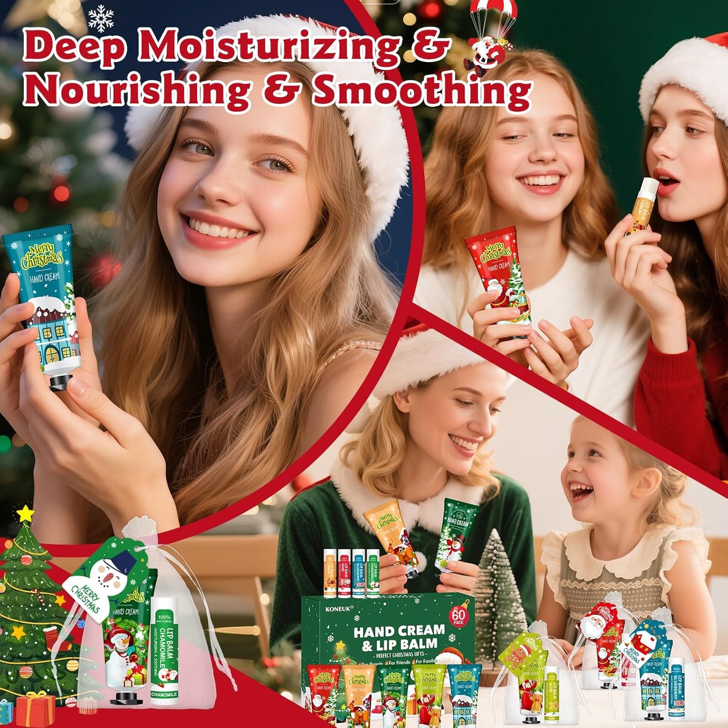 60 Pack Christmas Hand Cream and Lip Balm Set, Stocking Stuffers for Women, Bulk Hand Lotion for Christmas Gifts, Christmas Party Favors, Party Supplies and Christmas Decorations