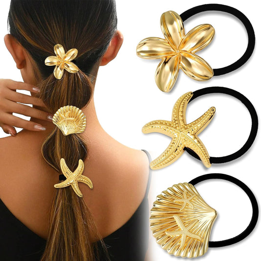3PCS Gold Hair Ties, Metal Hair Ties for Thick Hair, Elegant Durable Geometric Design, Gold Hair Accessories Stretchy and Non-Damage Ponytail Holders, Ocean Pattern 3 Style Starfish Shell Flower