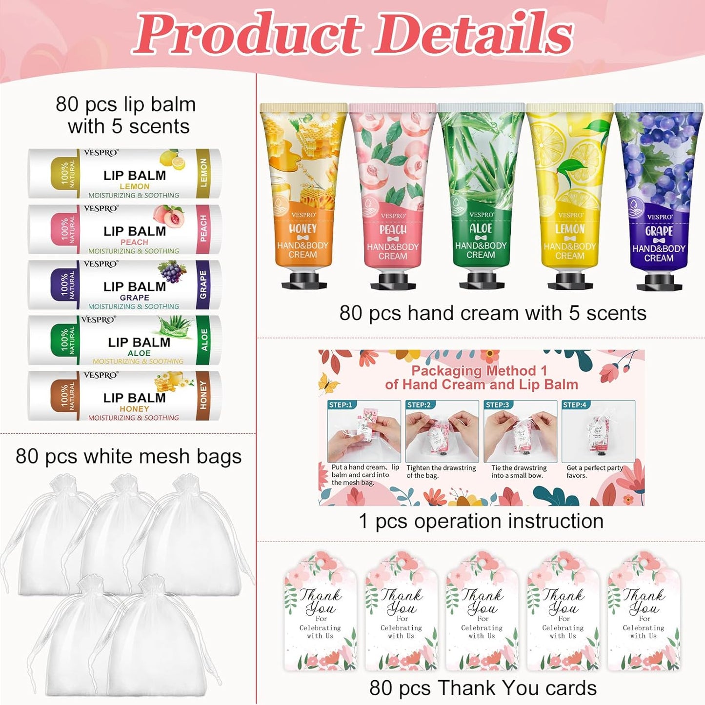 80 Sets Bulk Hand Cream and Bulk Lip Balm Gifts, Stocking Stuffers for Women, Bridesmaid Gifts, Christmas Gifts for Guests with Thank You Card and Organza Bags, Thank You Gifts for Coworkers Women
