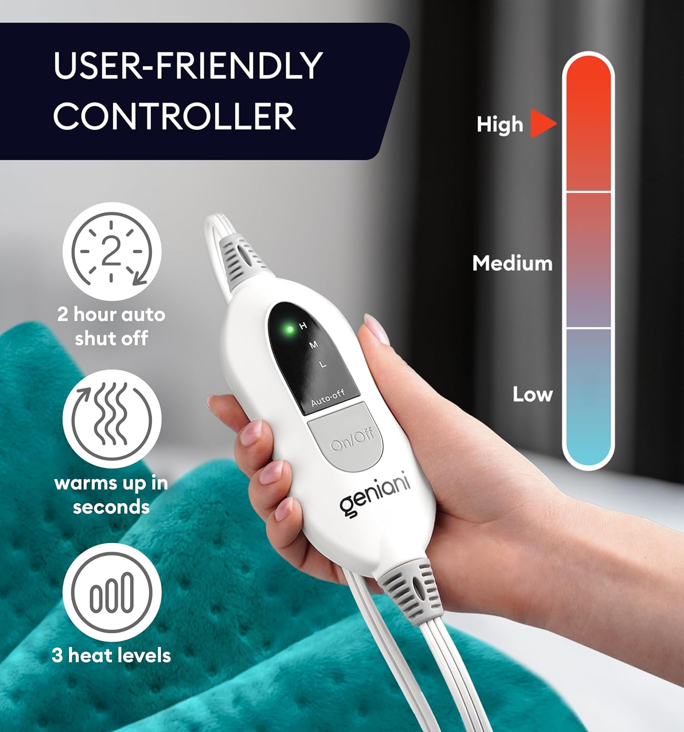 GENIANI Electric Throw - XL Heating Pad for Back Pain & Cramps Relief, Auto Shut Off, Machine Washable, Heat Pad, for All, Gifts for Women, Gifts for Men, Heat Patch (Viridian Green)