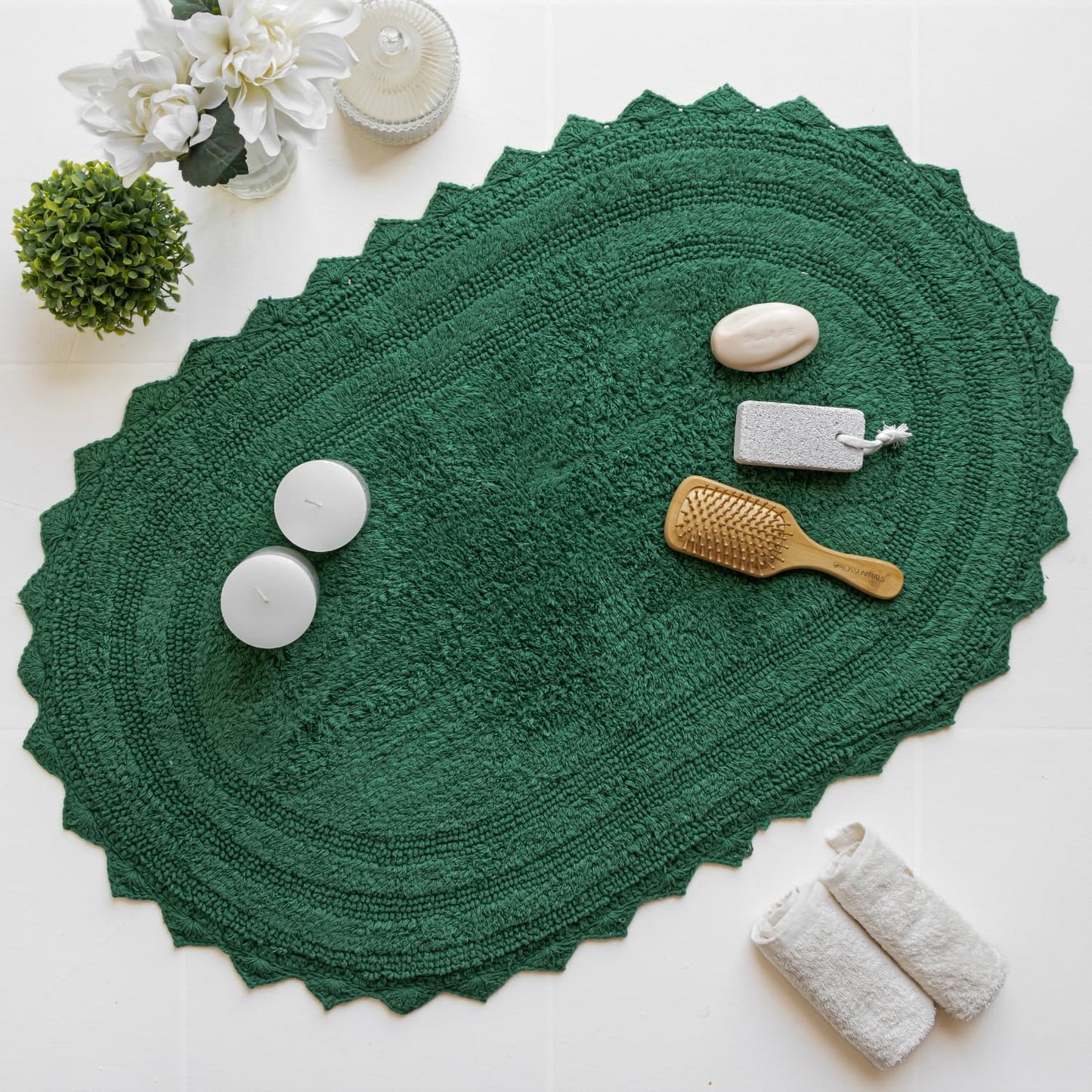 RAJRANG Foliage Green Cotton Bath Rug | Oval 24x17 Inches with Crochet Trim | Soft Reversible Bathroom Mat for Modern, Rustic, or Boho Interiors