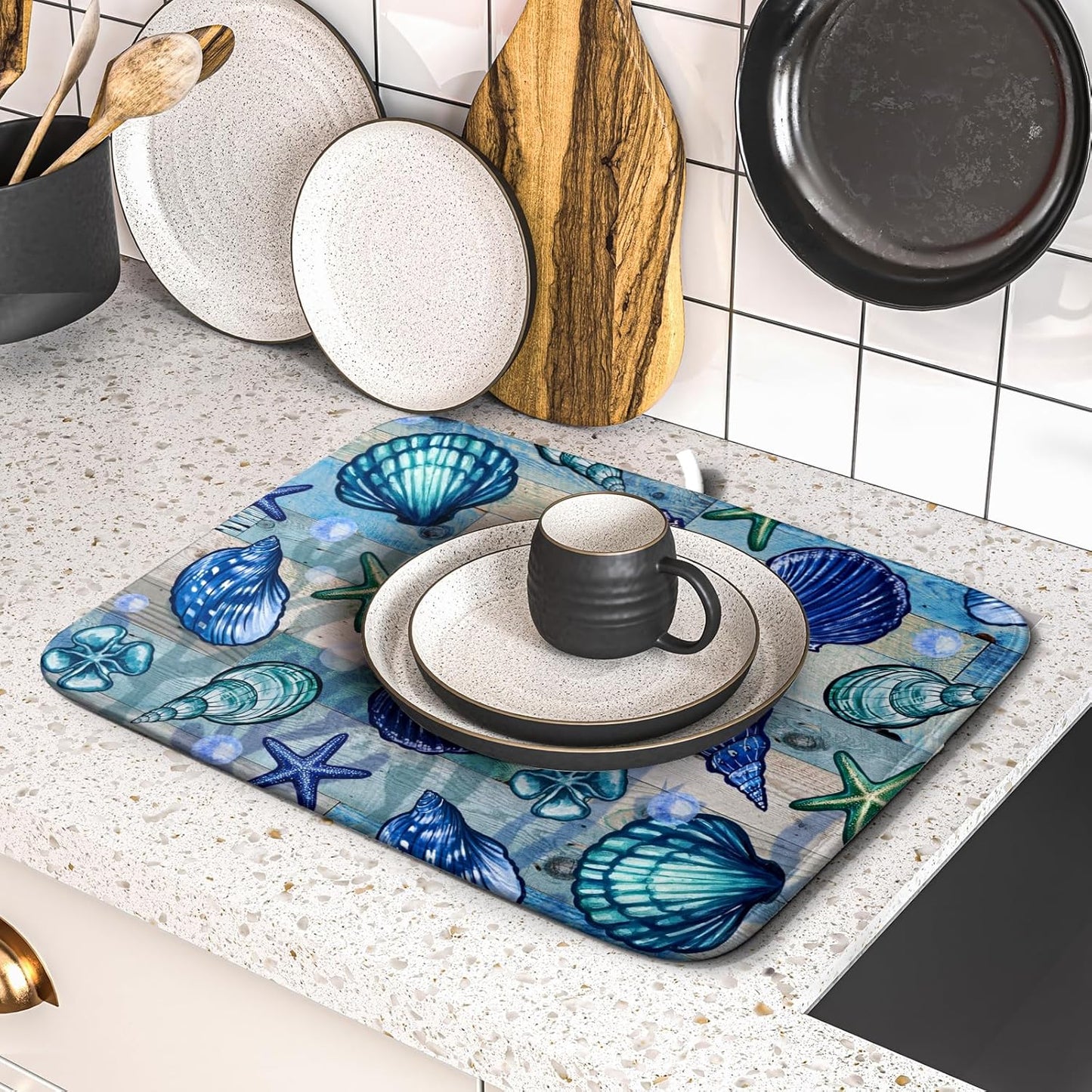 Starfish Seashell Dish Drying Mat 16x18 inch Coastal Beach Dish Drainer Rack Pad Absorbent Microfiber Fast Dry Kitchen Counter Accessories