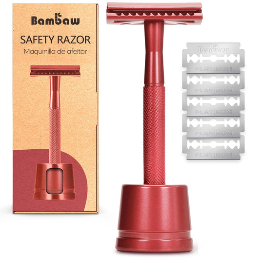 Bambaw Double Edge Safety Razor with Stand, Safety Shaving Razor with 5 Double Edge Safety Razor Blades, Eco-Friendly Razor for Shaving – Red