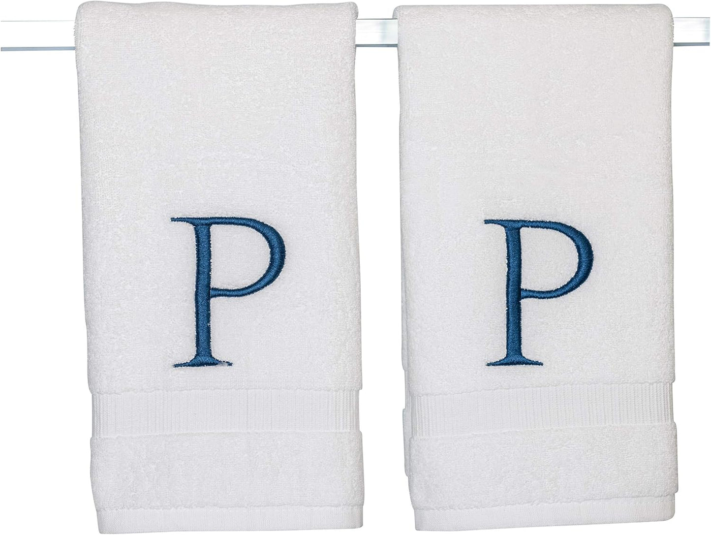 Monogrammed Hand Towels for Bathroom - Luxury Hotel Quality Personalized Initial Decorative Embroidered Bath Towel for Powder Room, Spa - GOTS Organic Certified - Set of 2 Navy Letter P
