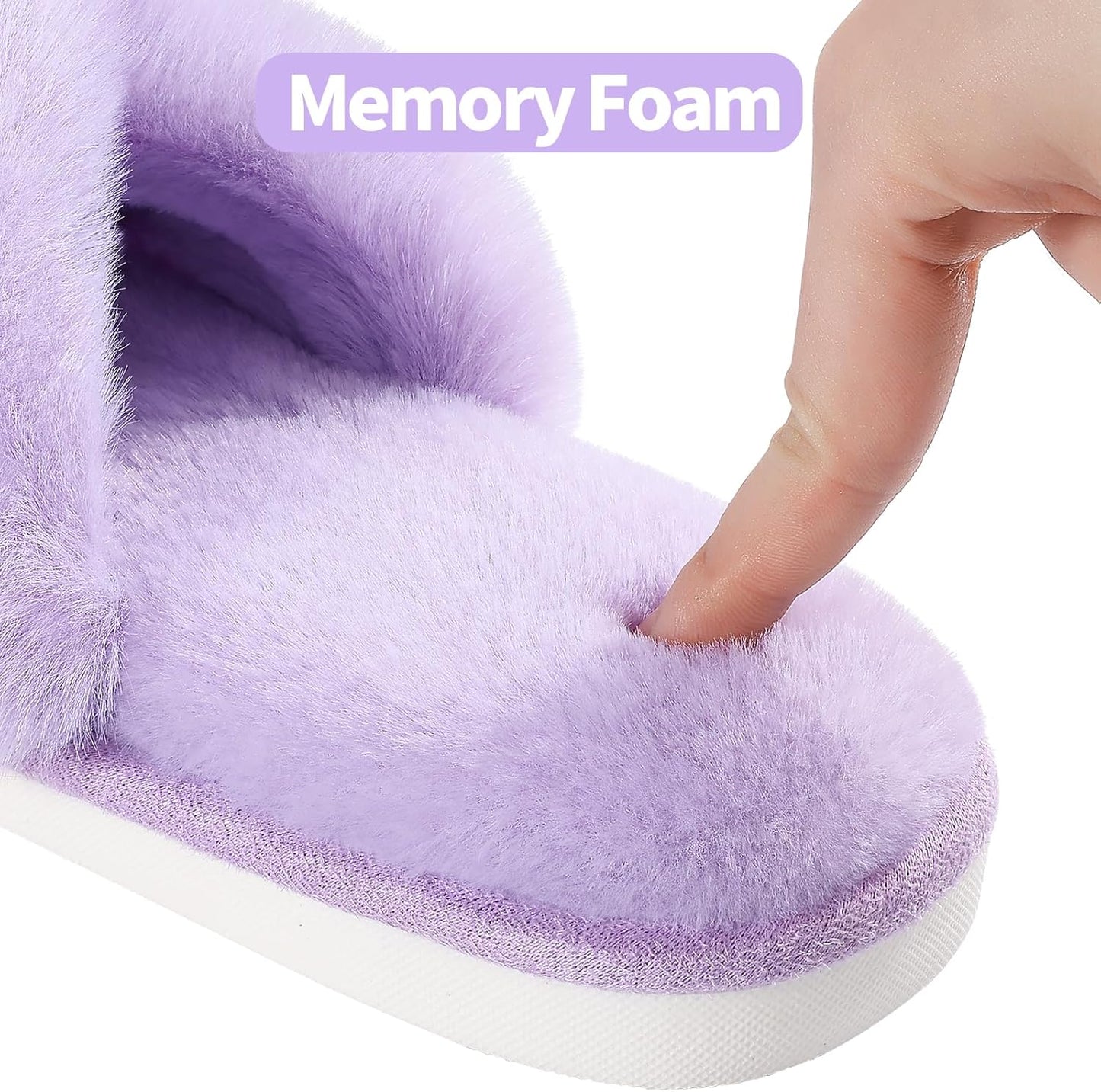 Evshine Women's Fuzzy Slippers Cross Band Memory Foam House Slippers Open Toe