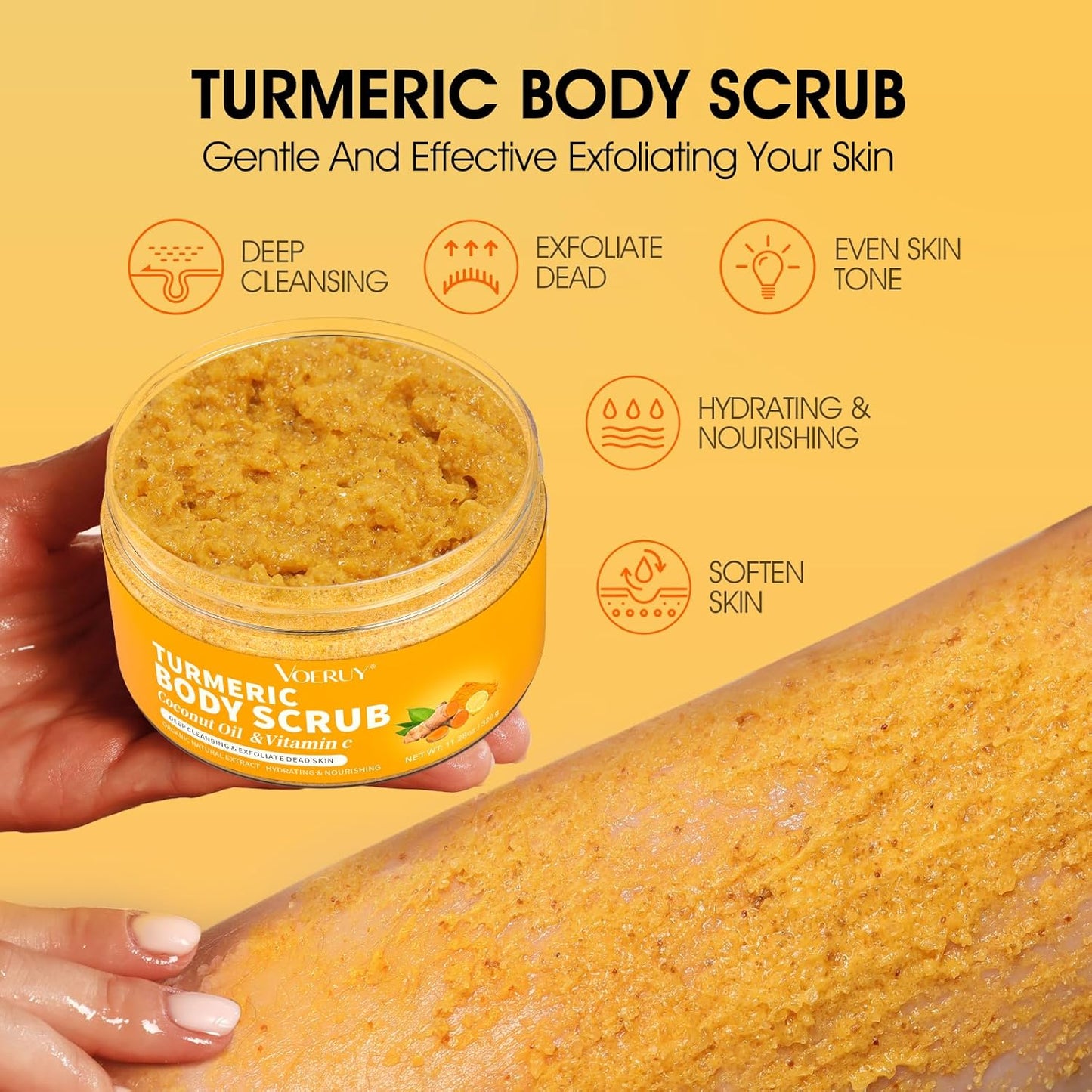 Body Scrub, Turmeric Exfoliating Body Scrub, with Coconut Oil & Vitamin C, Bikini Area Exfoliator Gently Exfoliate Body Hand and Foot Scrub, Moisturized Skin for Women and Men, 11.28oz/320g