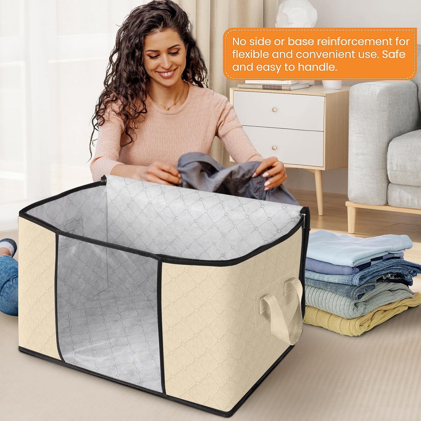 Fab totes 24 Gallons Clothes Storage, Foldable Thick Fabric Blanket Storage Bags, Containers for Organizing Bedroom, Closet, Clothing, Comforter, Organization with Handle (3 Pack,Beige)