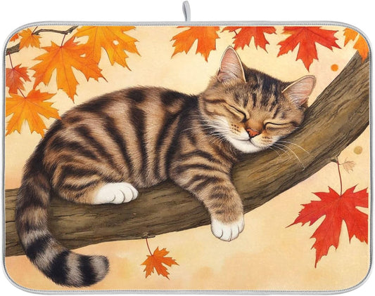 Fall Cats Dish Drying Mat for Kitchen Countertop 16x18 Autumn Maple Leaves Kitty Thanksgiving Day Small Drying Mat Reusable Quick Dry Dish Sink Mats Easy Clean Decorative Essentials