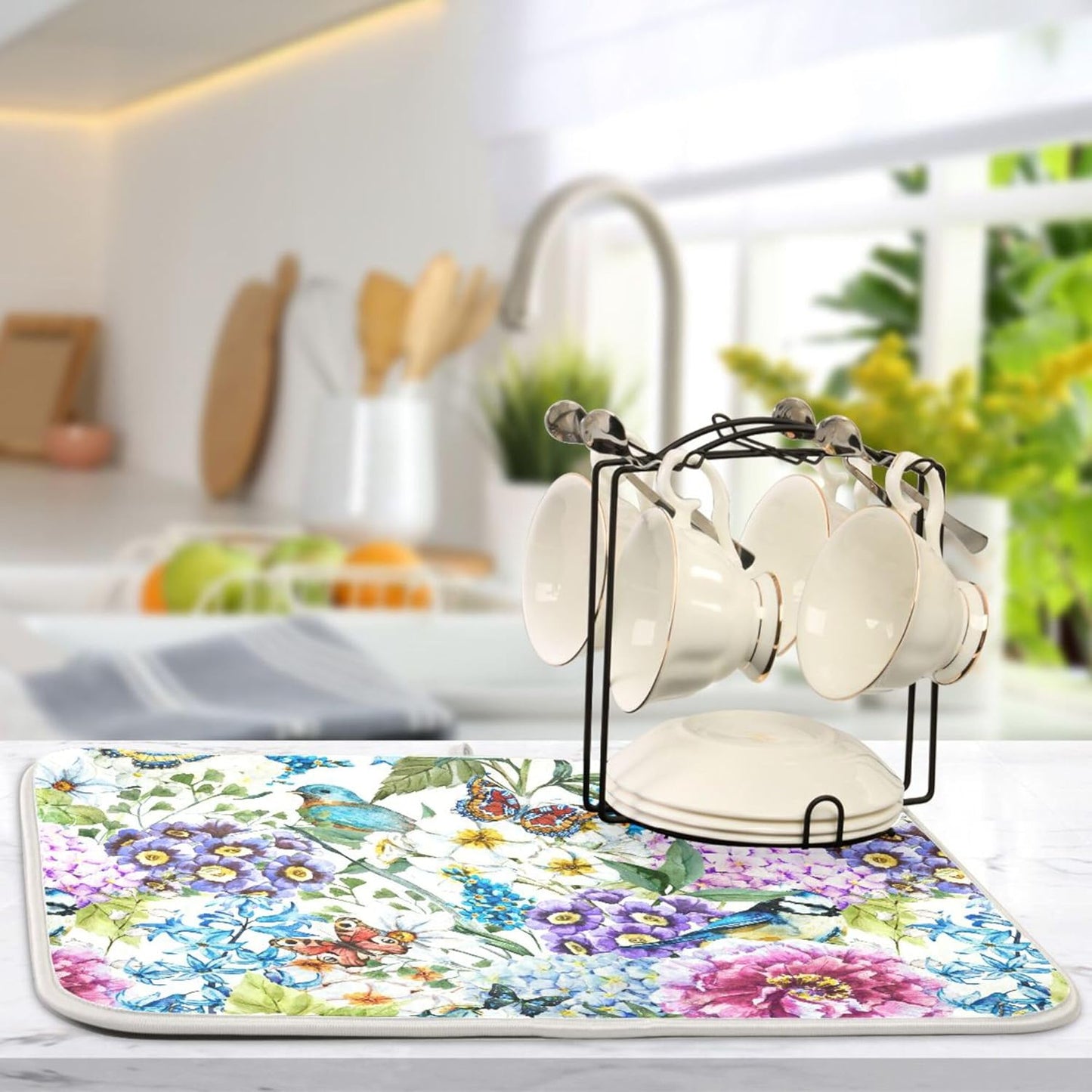 Floral Birds Dish Drying Mat for Kitchen Spring Globe Daisy Butterfly Flowers Microfiber Drying Mats Absorbent Reversible Dish Pad Large Dish Draining Mat 18x24 inch