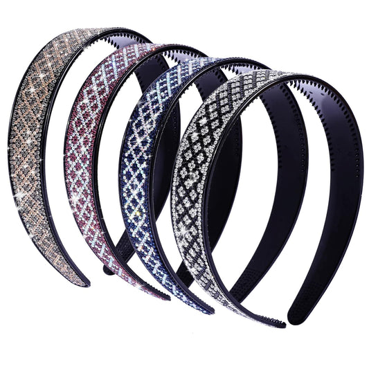 Sparkly Rhinestone Headbands for Women Girls,4PCS Check Crystal Headband Non Slip,Tooth Hair Bands Rhinestone Hair Hoop,Comfortable Daily Prom Party Head Accessories