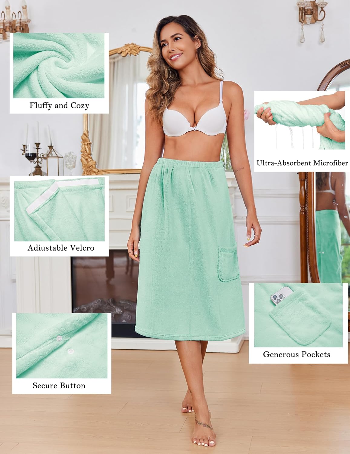 Ekouaer Women's Plush Towel Wrap Soft Lightweight Shower Wrap Absorbent Spa Body Wrap Bath Robe with Velcro S-L