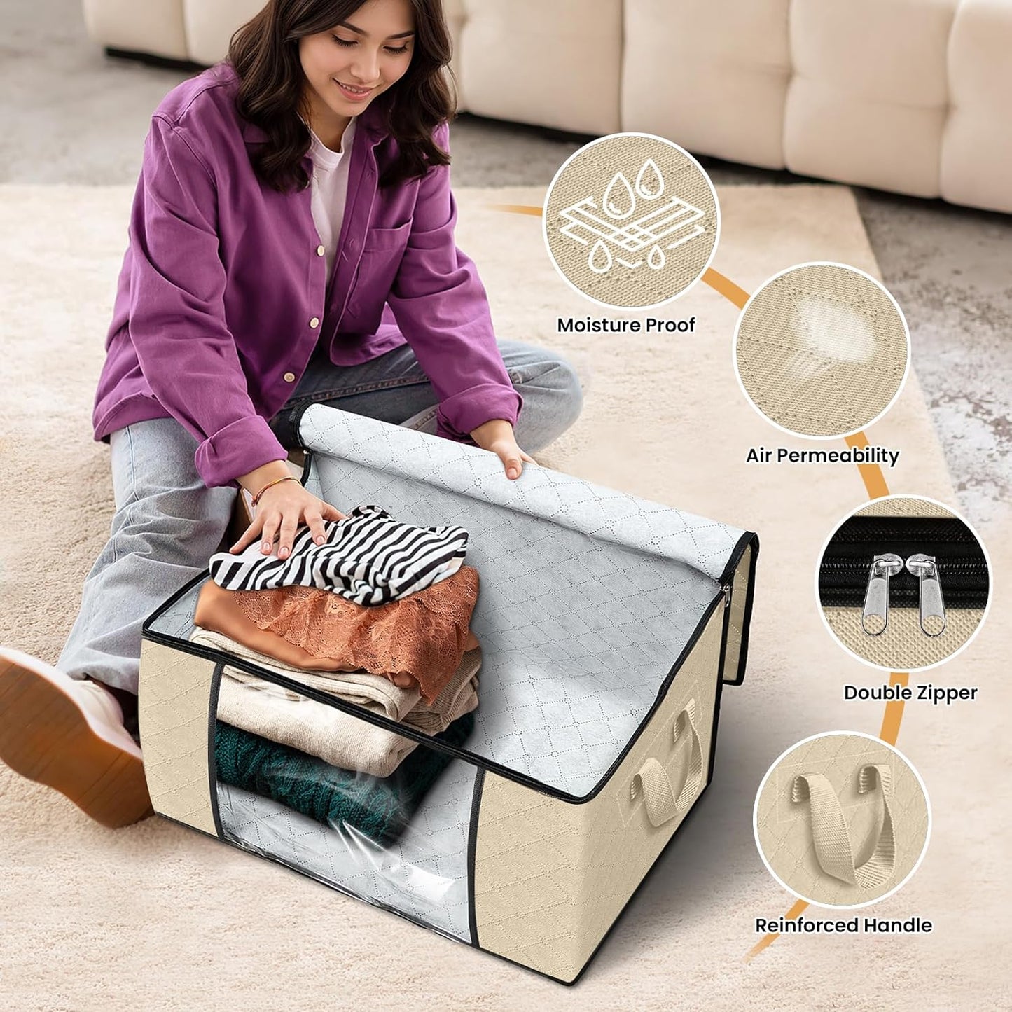 Fab totes 4 Pack Clothes Storage, Foldable Thick Fabric Blanket Storage Bags, Containers for Organizing Bedroom, Closet, Clothing, Comforter, Organization with Handle,Beige