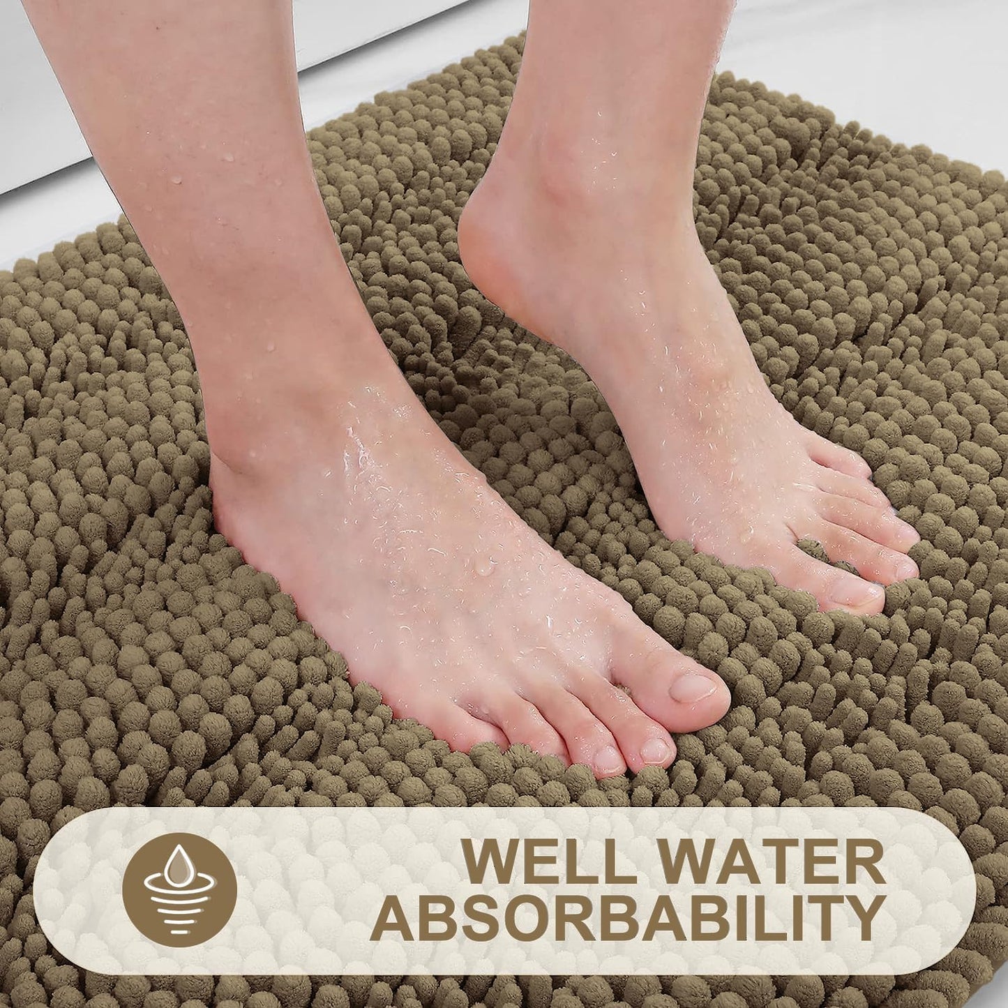 Grandaily Chenille Striped Bathroom Rugs 30x20, Extra Thick and Absorbent Bath Mats, Non-Slip Soft Plush Shaggy Shower Carpet, Machine Wash Dry, Bath Rug for Bathroom, (Medium, Tan)