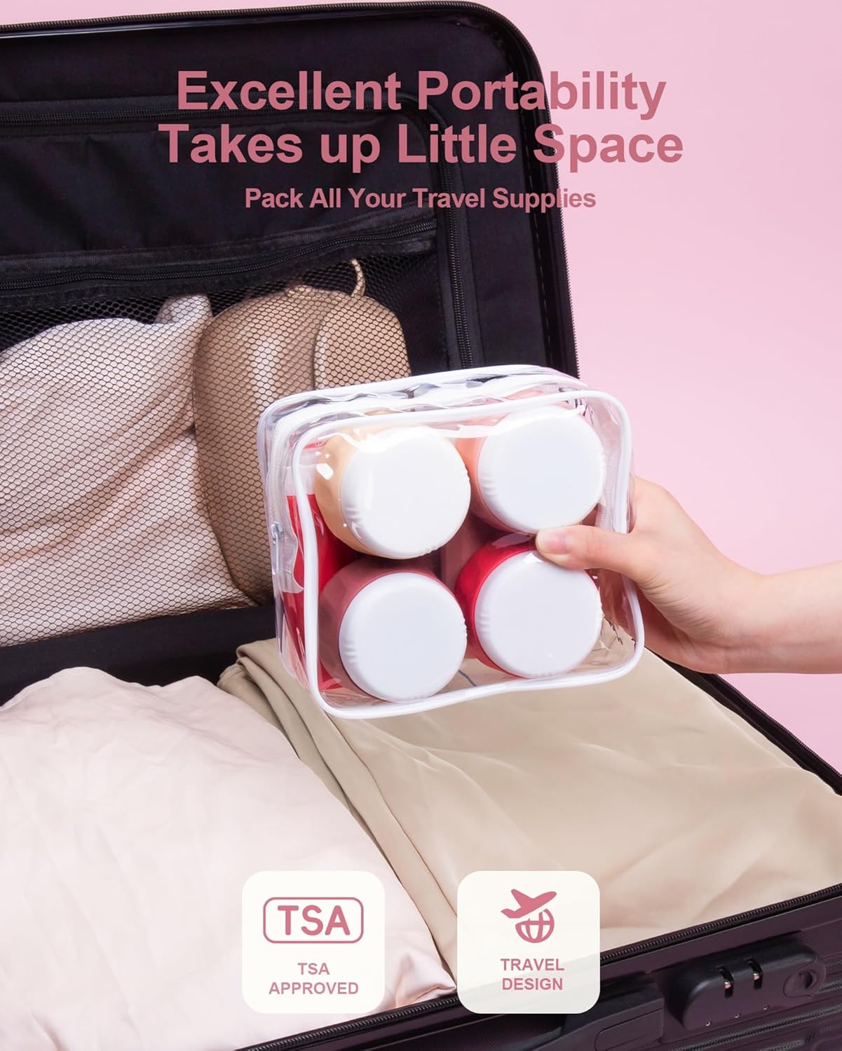 Travel Bottles for Toiletries 8 Pack, Travel Size Toiletries, Tsa Approved Travel Size Containers 3oz, with Travel Essentials Clear Bag, Leak Proof Silicone Squeezable Creams Jars