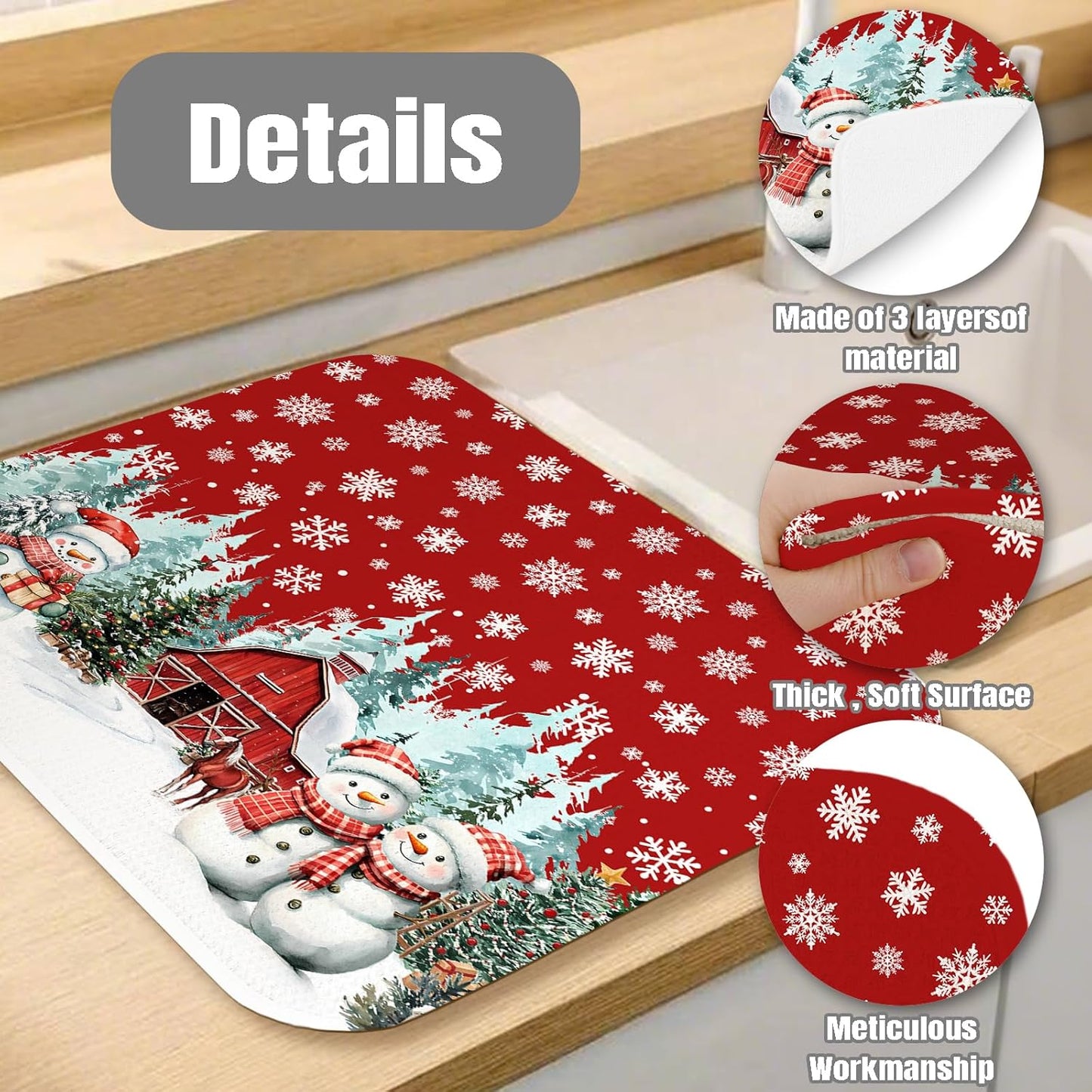 Dish Drying Mat for Kitchen Counter Large 16" x 18" Christmas Farmhouse Rustic Snowman Absorbent Microfiber Dishes Drainer Rack Mats Pad Reusable Washable