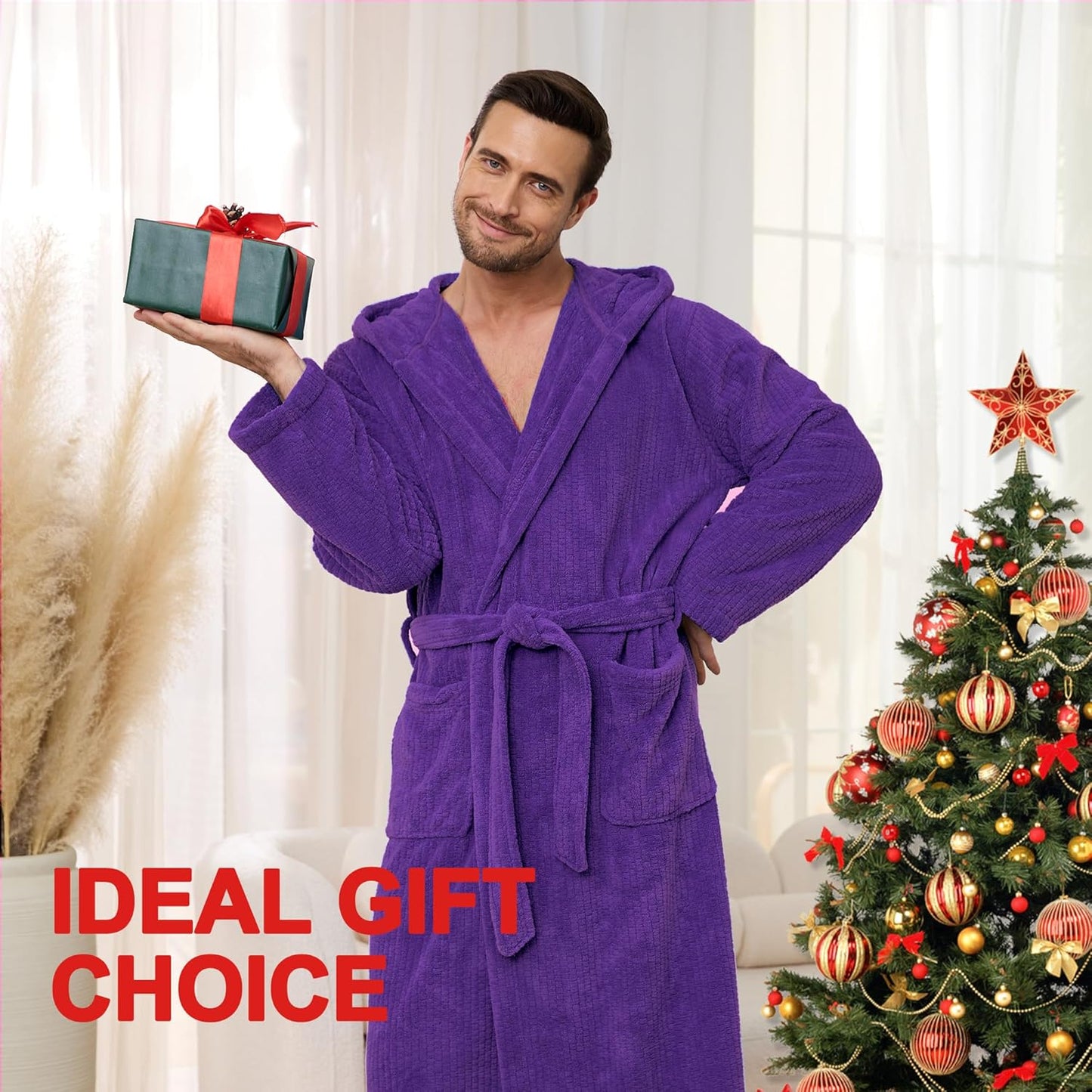 Men's Bathrobes with Hood, Soft Long Towel Robe for Men - Super Absorbent Quick Dry yet Warm