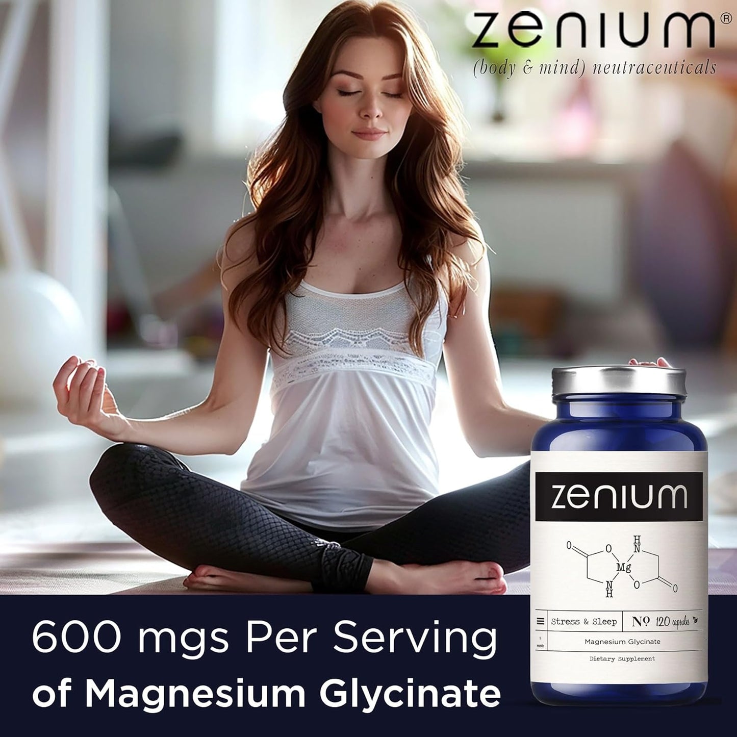 Zenium - Magnesium Glycinate 600 mg per Serving, 120 Capsules | Relieve Stress, Tension, Worry, Nervousness, & Irritability | Calm The Mind & Body | Ayurvedic | Natural Relief Supplement