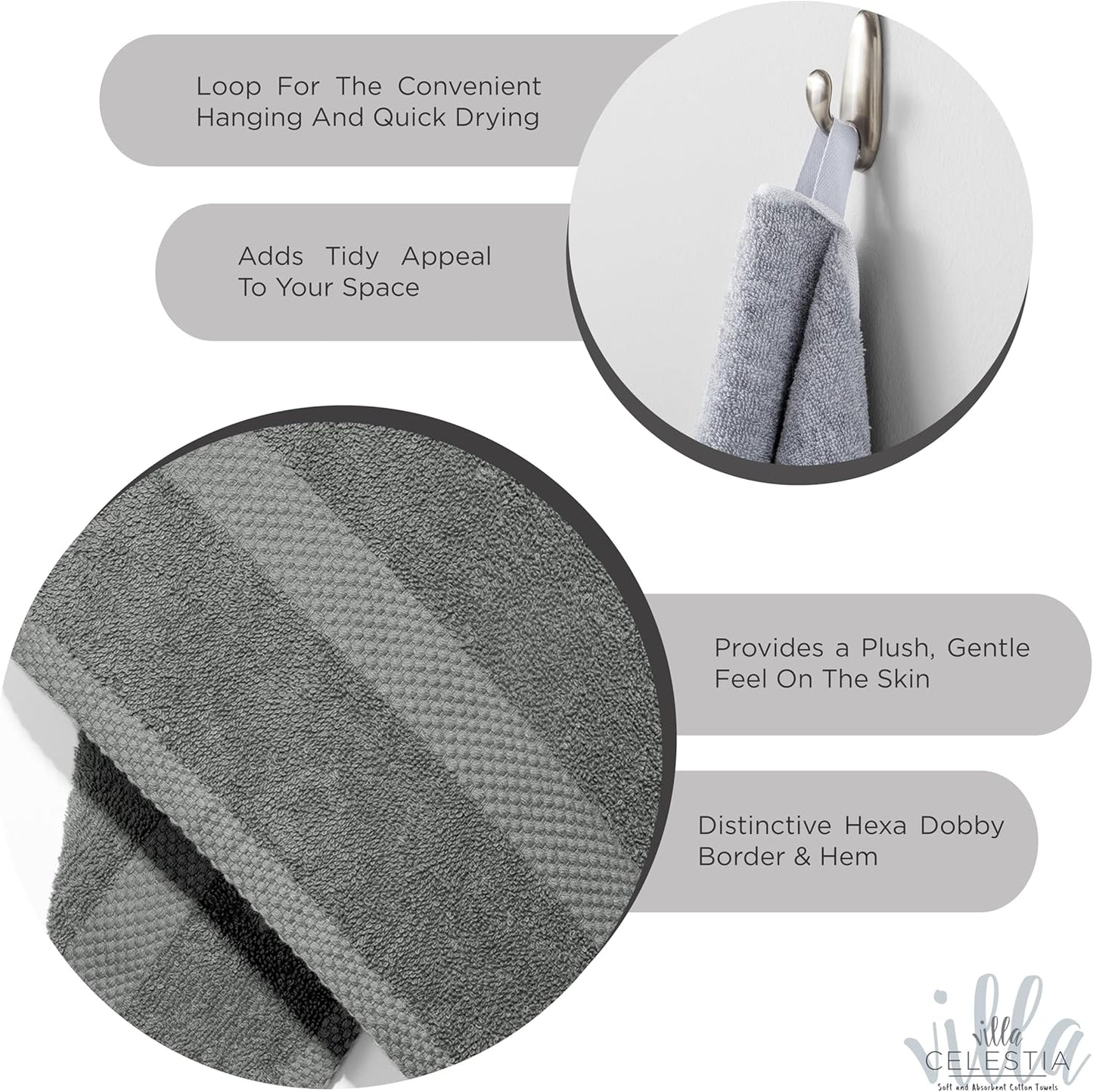 100% Combed Cotton Bathroom Towel Set of 10- 2 Bath Towels, 4 Hand Towels, 4 Wash Cloths, Sustainable, Soft, Highly Absorbent 10 Piece Cotton Bath Towel Set Ideal for Hotels, Spa, Bathroom, Dorm, Grey