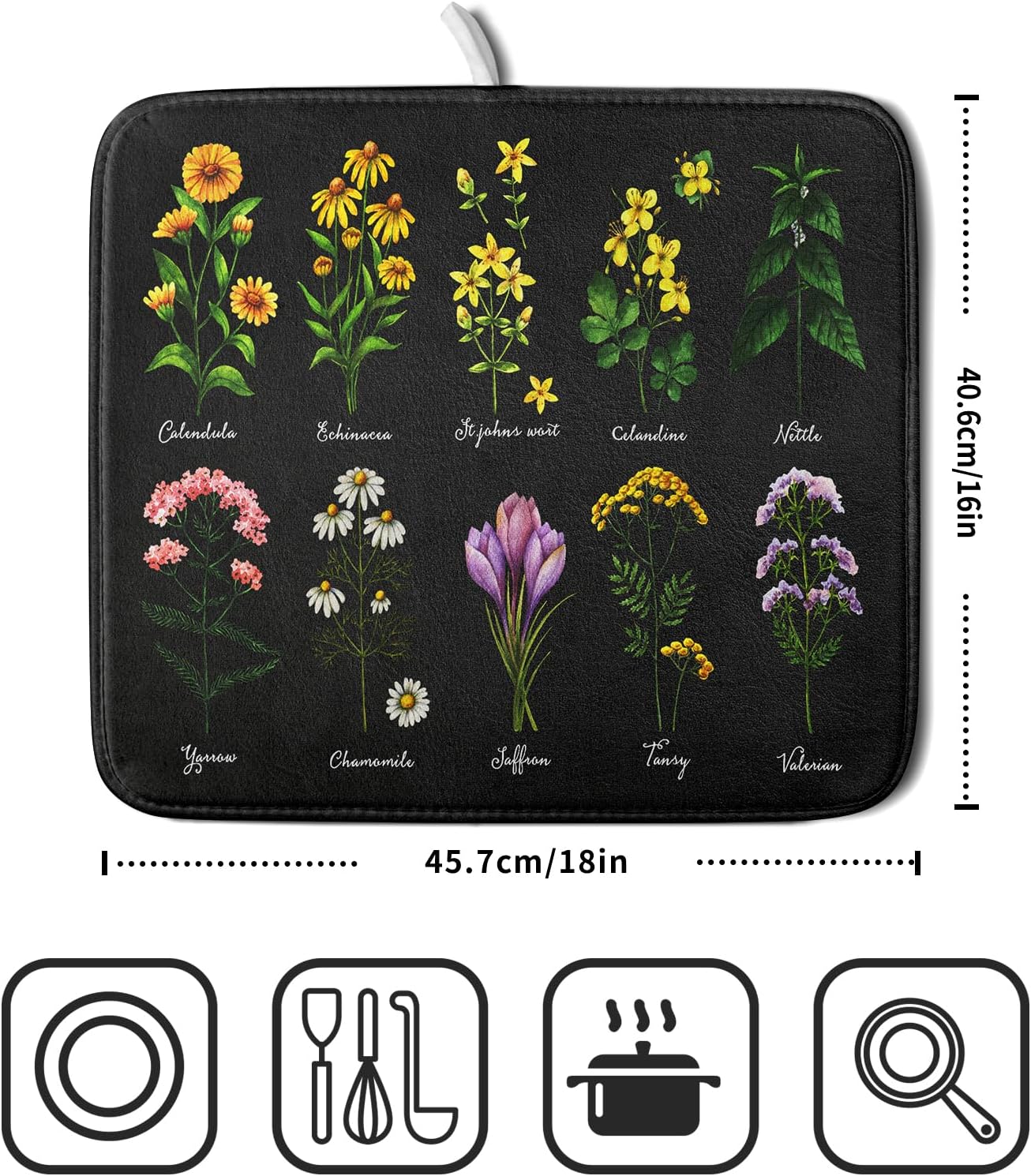 Black Flower Herbs Dish Drying Mat 16x18 Inch Botanical Floral Microfiber Drying Mats with Hanging Loop Foldable Absorbent Dish Drainer Rack Pad