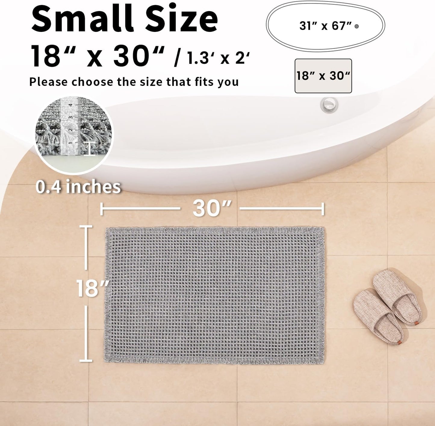 Waffle Bath Mat - Boho Bathroom Rugs Non Slip Washable, Super Absorbent & Quick Dry, Small Bath Mats Farmhouse Bathroom Decor, 18'' x 30'', Light Grey