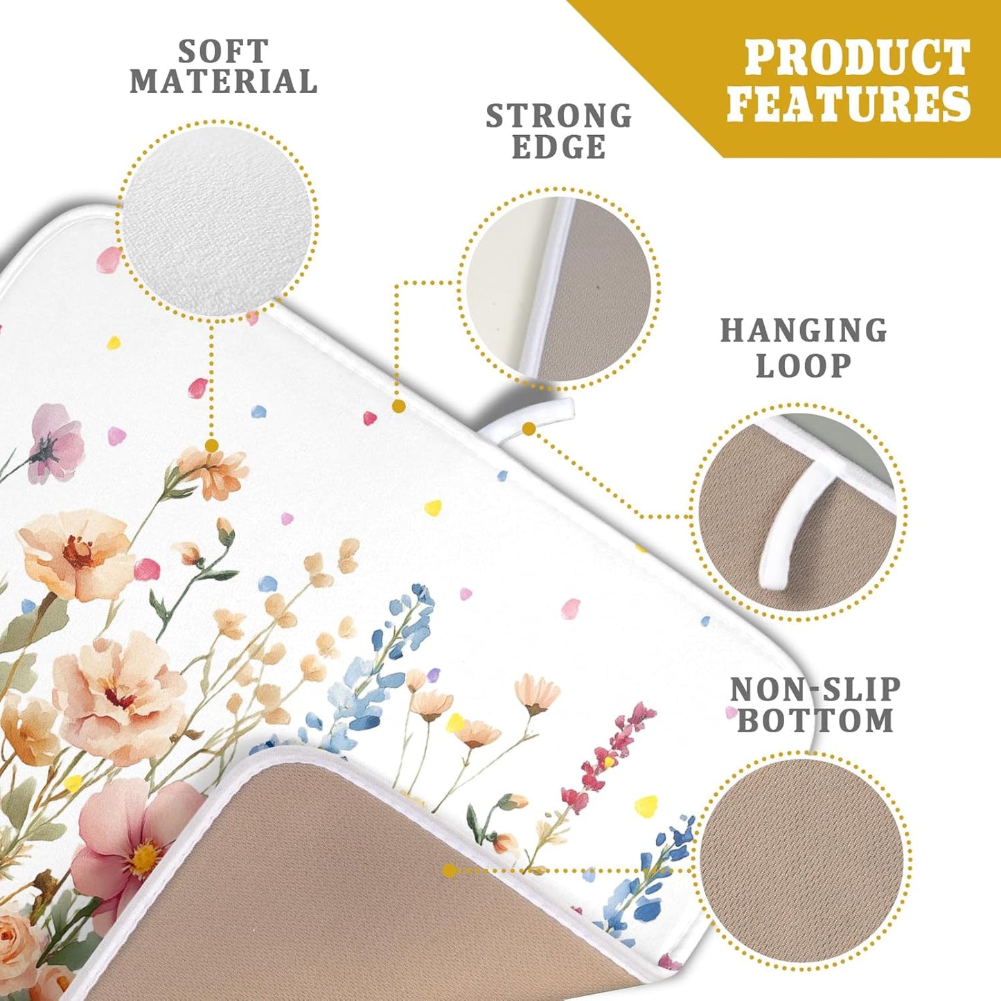 Colorful Flower Dish Drying Mat 16x18 Inch Botanical Floral Drainer Rack Mats Washable Absorbent Dish Dry Pad for Kitchen Counter Sink