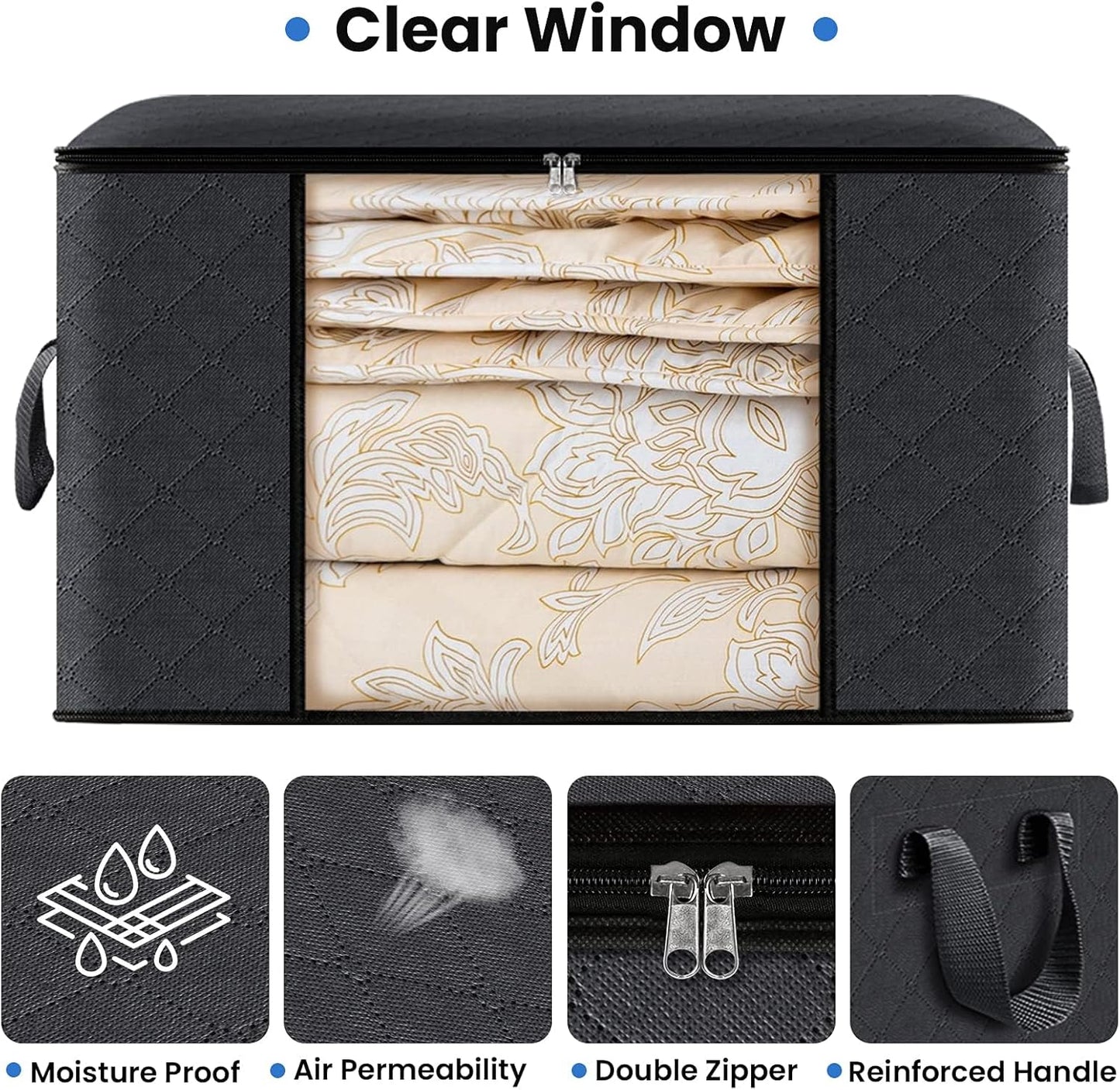 Fab totes 4 Pack Clothes Storage, Foldable Thick Fabric Blanket Storage Bags, Containers for Organizing Bedroom, Closet, Clothing, Comforter,Closet Organization with Handle,Black