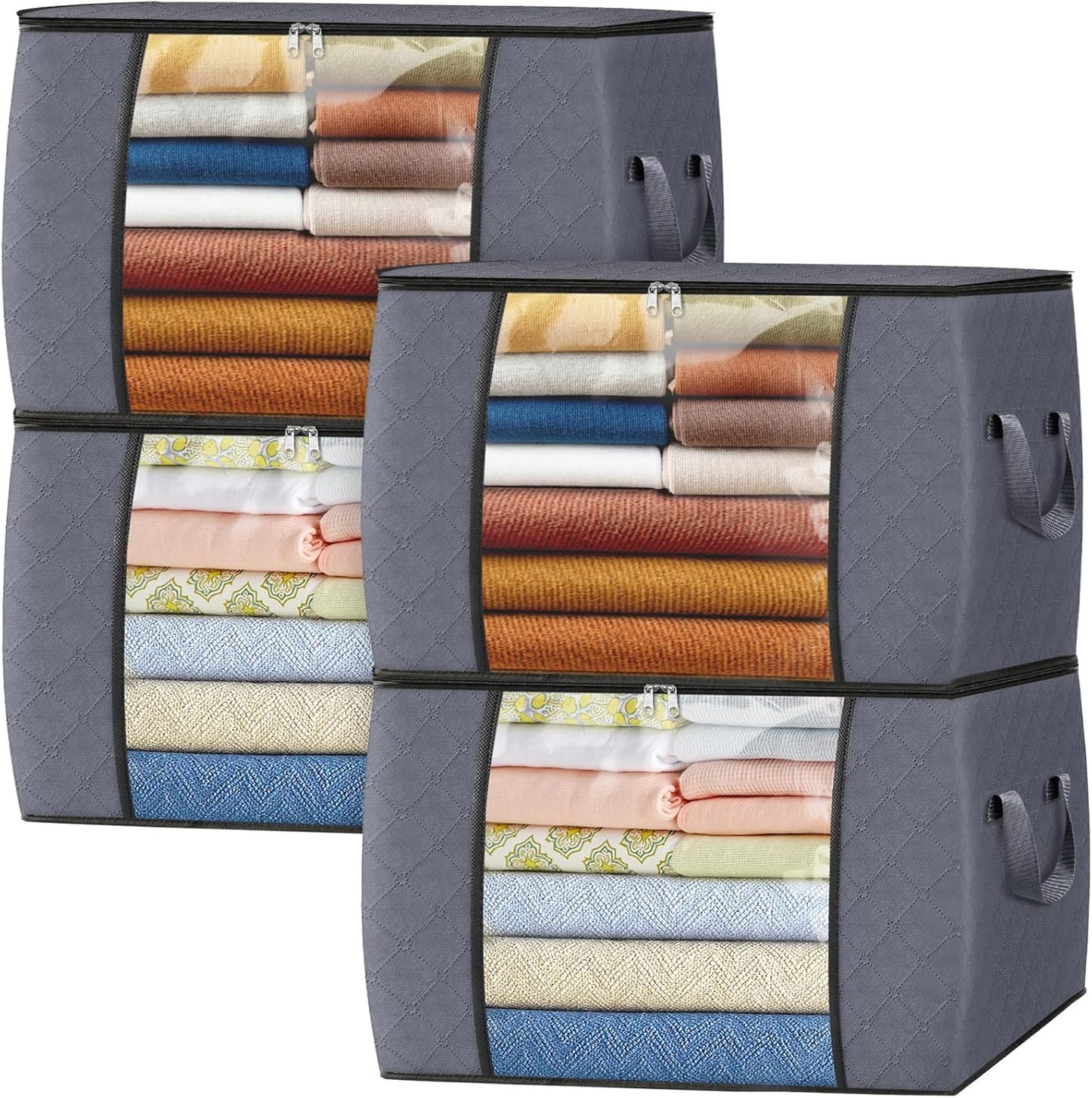 Fab totes 24 Gallons Clothes Storage, Foldable Thick Fabric Blanket Storage Bags, Containers for Organizing Bedroom, Closet, Clothing, Comforter, Organization with Handle (4 Pack,Grey)