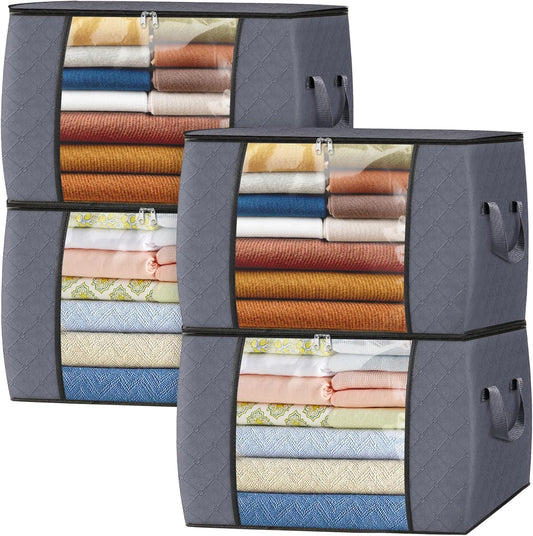Fab totes 24 Gallons Clothes Storage, Foldable Thick Fabric Blanket Storage Bags, Containers for Organizing Bedroom, Closet, Clothing, Comforter, Organization with Handle (4 Pack,Grey)