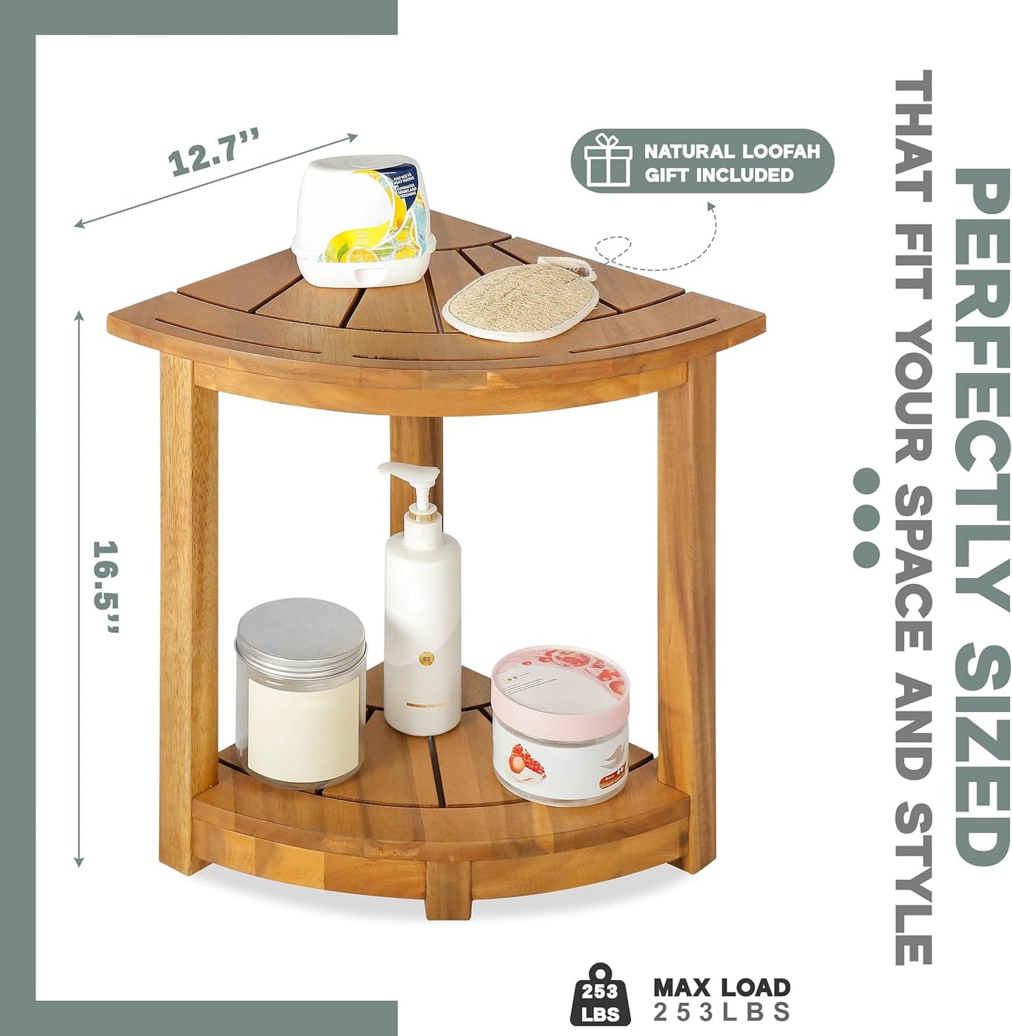 Acacia Corner Shower Stool, Waterproof Spa Foot Rest & Bath Bench with Storage Shelf & Soap Dish, Ideal for Bathroom, Shaving Legs, or as Small Corner Table/Step Stool (Natural)