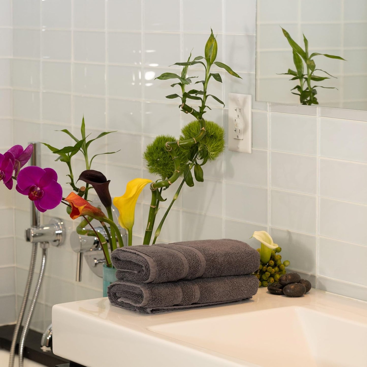 Mosobam Luxury Turkish Set of 12 Hand Towels 16X30 Charcoal Gray (Dark Grey) 700 GSM Bamboo Viscose & Aegean Turkish Combed Cotton