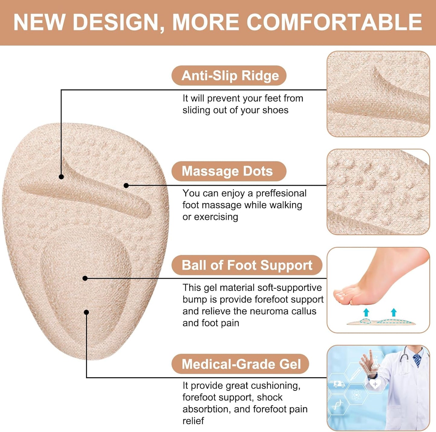 Heel Cushion Pads, Metatarsal Pads for Women, Ball of Foot Cushions, Liners for Pain Relief, Prevent Blisters Friction, Shoe Inserts for Loose Shoes to Make Fit Tighter (4 Pairs)