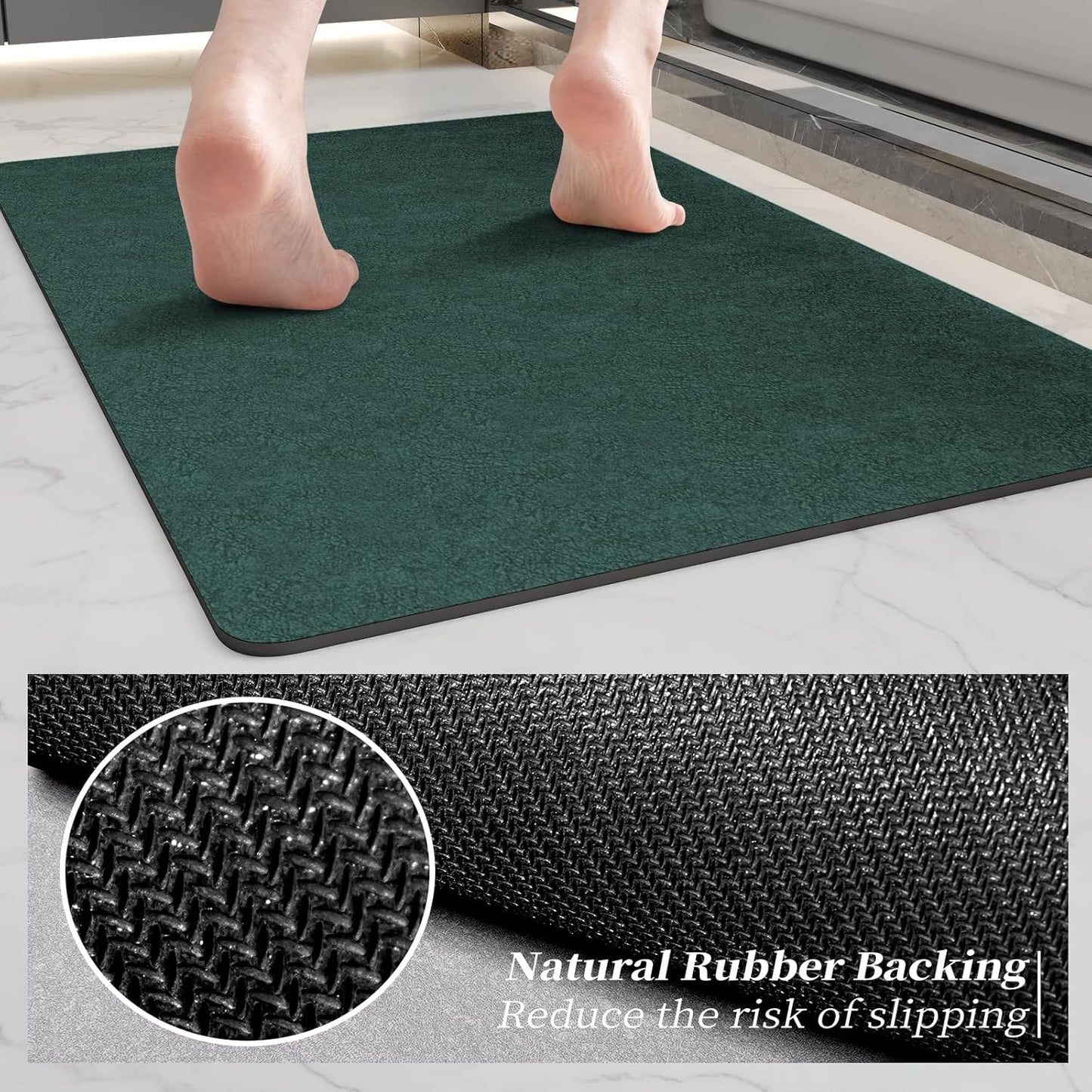 Dark Green Long Bathroom Mat Rugs 59x17 Long Diatomaceous Earth Bath Mat Large Quick Dry Bath Mat Non Slip Rubber Backed Super Absorbent Shower Mat, Thin Bathroom Runner Rugs Floor Mat Fit Under Door