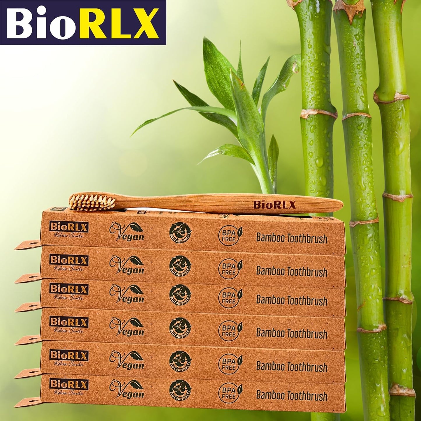 BioRLX Bamboo Toothbrush - Biodegradable Wooden Toothbrushes, Natural BPA Free - Wooden Toothbrush, Eco-Friendly - Compostable and Durable (One Piece, Medium)