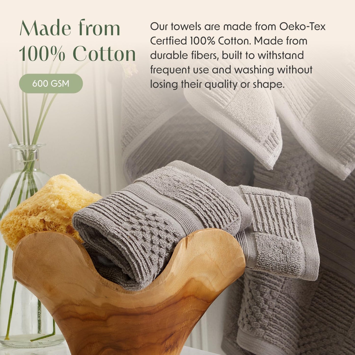 Springtree Home 100% Cotton Bath Towel Set of 4 | Grey Towels | Geometric Textured Design | Absorbent & Quick-Dry | 4 Bath Towels | Oeko-TEX® Standard 100 Cotton | Myla Collection - Frost Grey