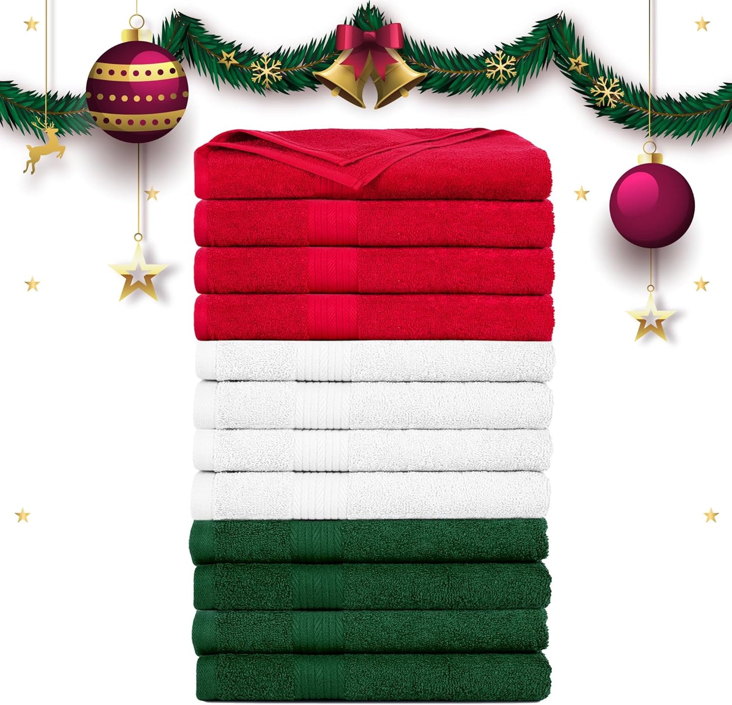 Ample Decor Hand Towels Set of 12 for Bathroom 100% Cotton 18 X 28 Inch 600 GSM Quick Drying - White, Red & Green