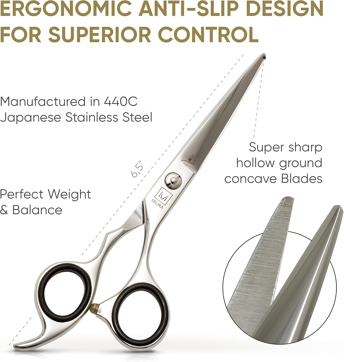 Miura Professional Hair Cutting Scissors for Women, Men and Hairdressers | 6.5” Stainless Steel Barber Shears for Hair Cutting and Thinning Set