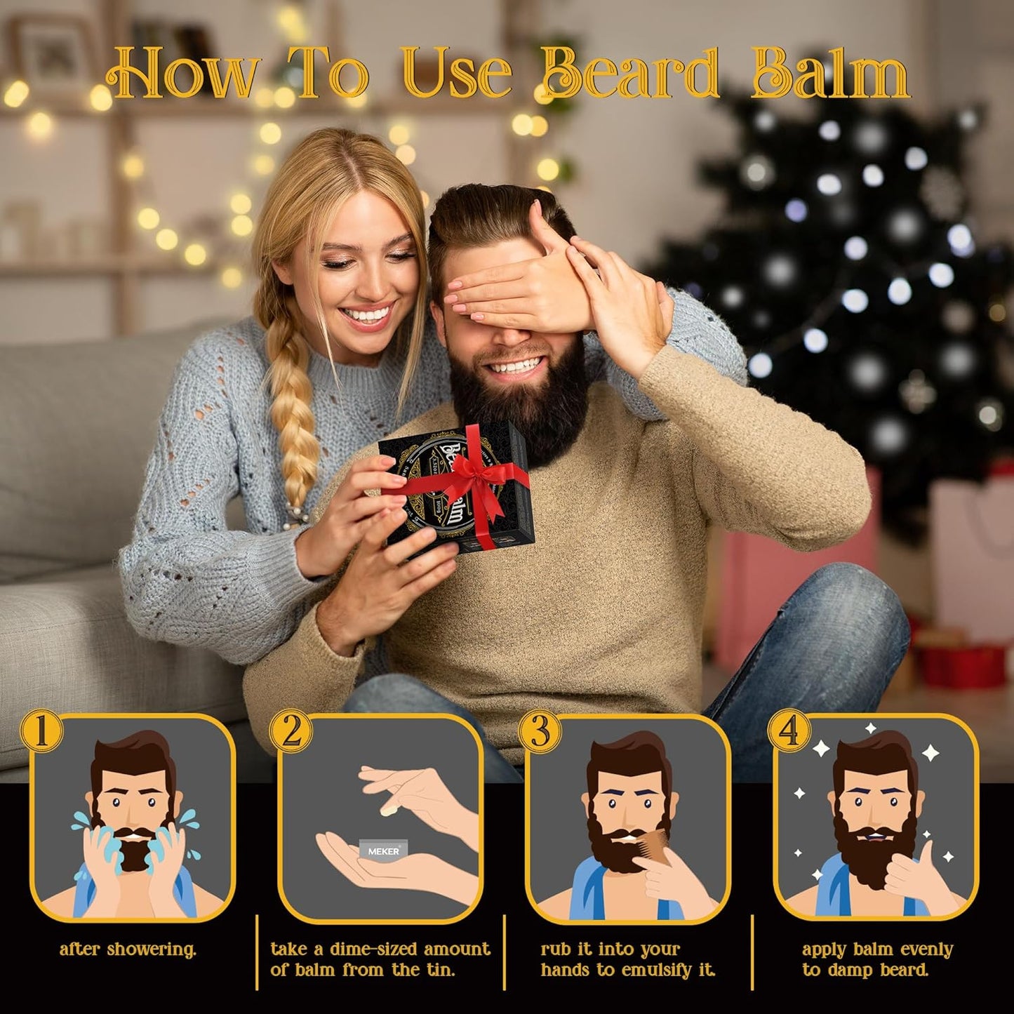 MEKER Beard Balm, Beard Softening Leave-in Balm with Brush, All-Natural Anti-Itch, Organic Beard Conditioner for Softening, Stops Itch, Grows, 7.04 OZ